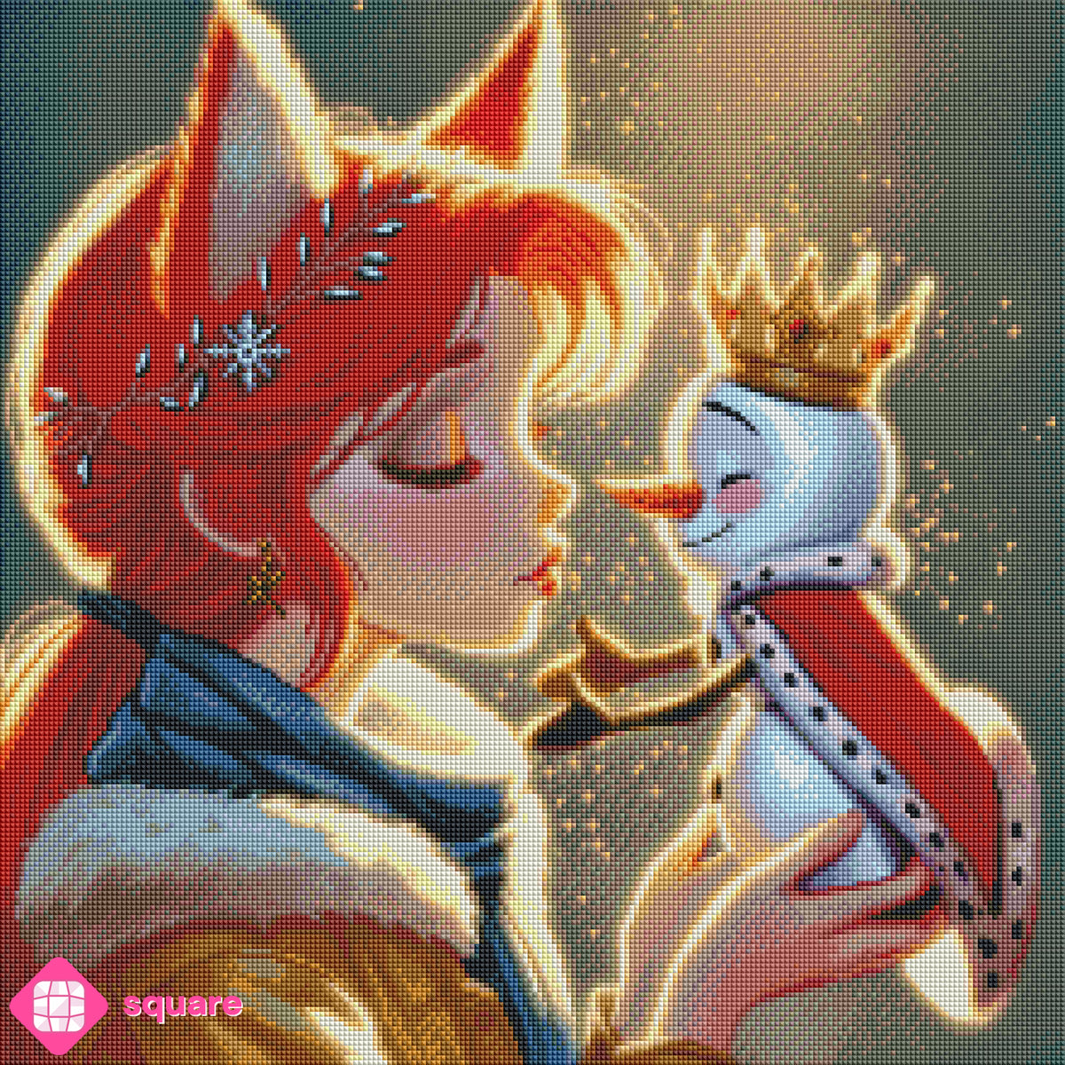 Diamond Painting Vorschau mit rothaarigem Mädchen mit Fuchsohren, Schal und Wintermantel, das einen kleinen Schneemann mit Krone und rotem Umhang in den Händen hält, während beide sich zu einem Kuss bereitmachen, in funkelnder Steinoptik