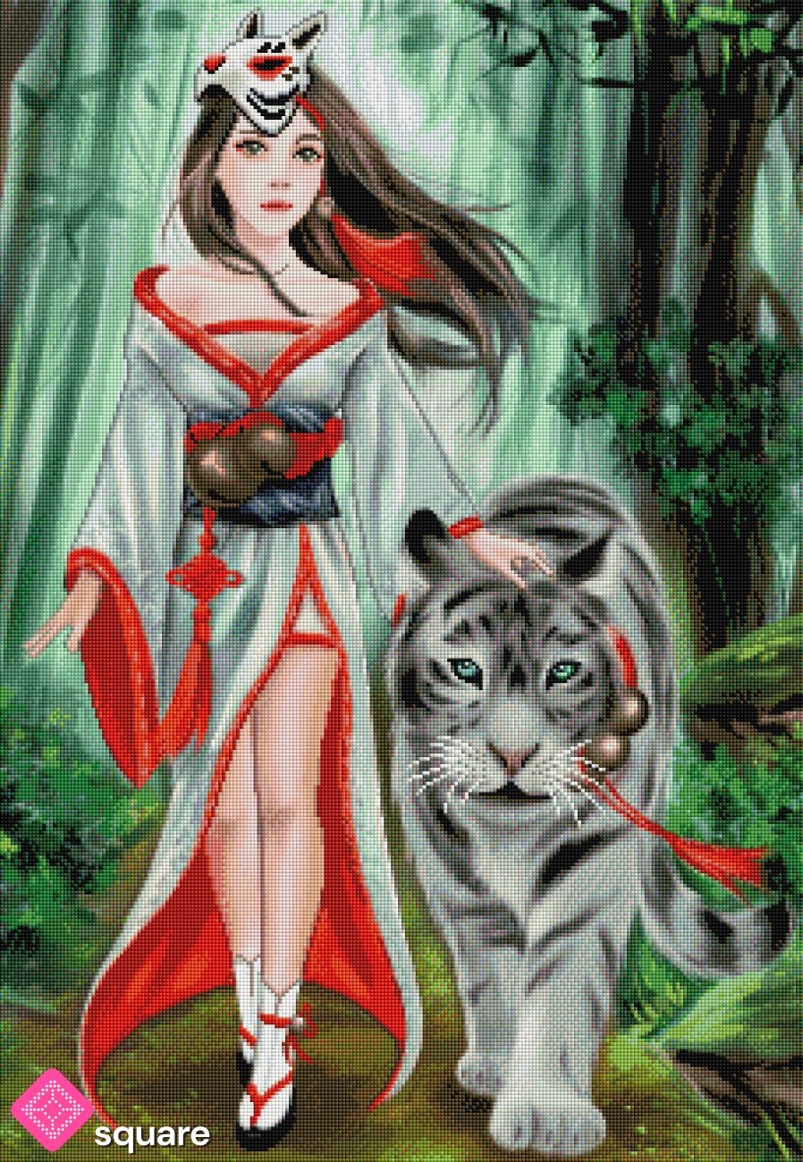 Diamond Painting Vorschau mit Mädchen im Kimono und Tiger in funkelnder Steinoptik