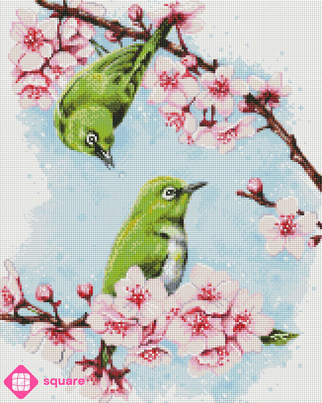 Diamond Painting Vorschau mit zwei grünen Vögeln zwischen zarten rosa Kirschblüten vor einem klaren Frühlingshimmel in funkelnder Steinoptik