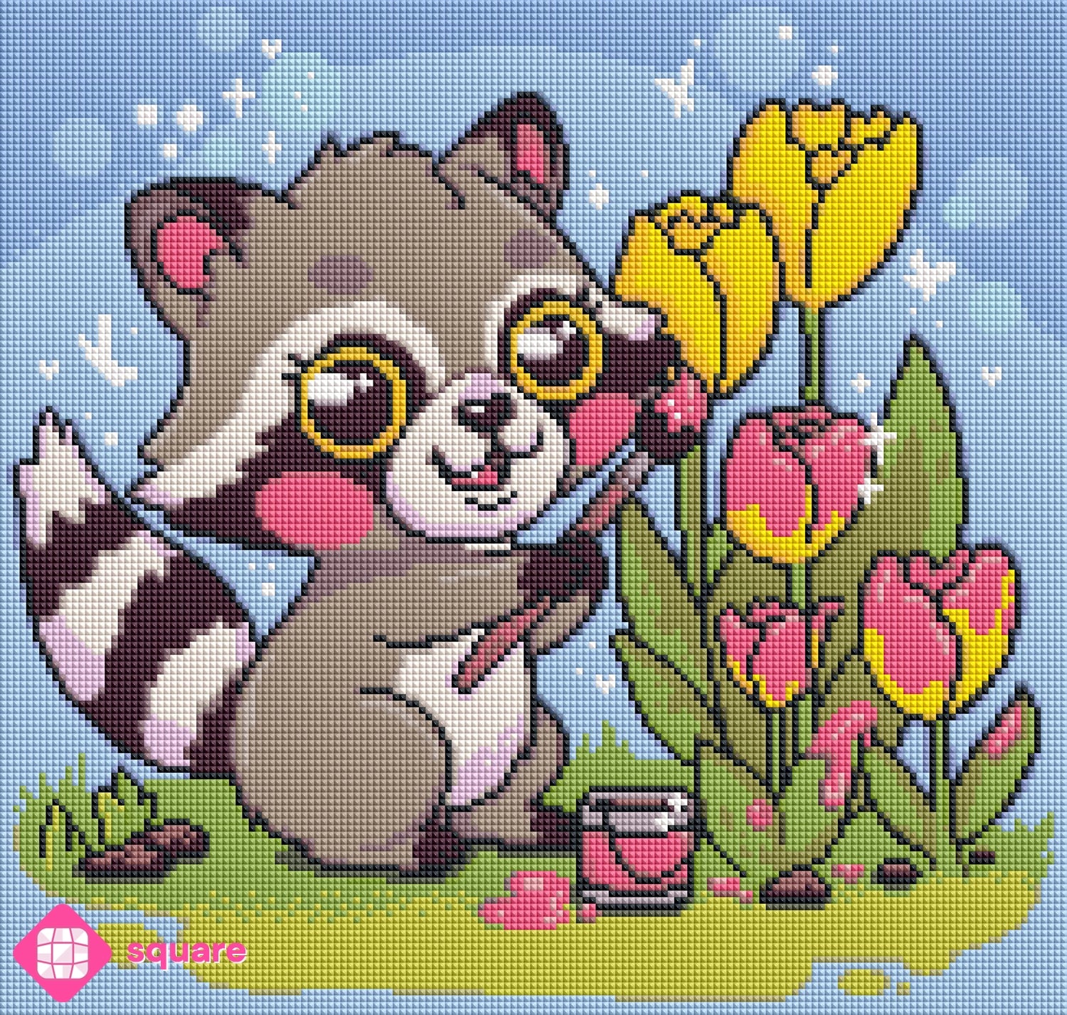 Diamond Painting Vorschau mit kreativem Waschbär und Frühlingsblumen in funkelnder Steinoptik