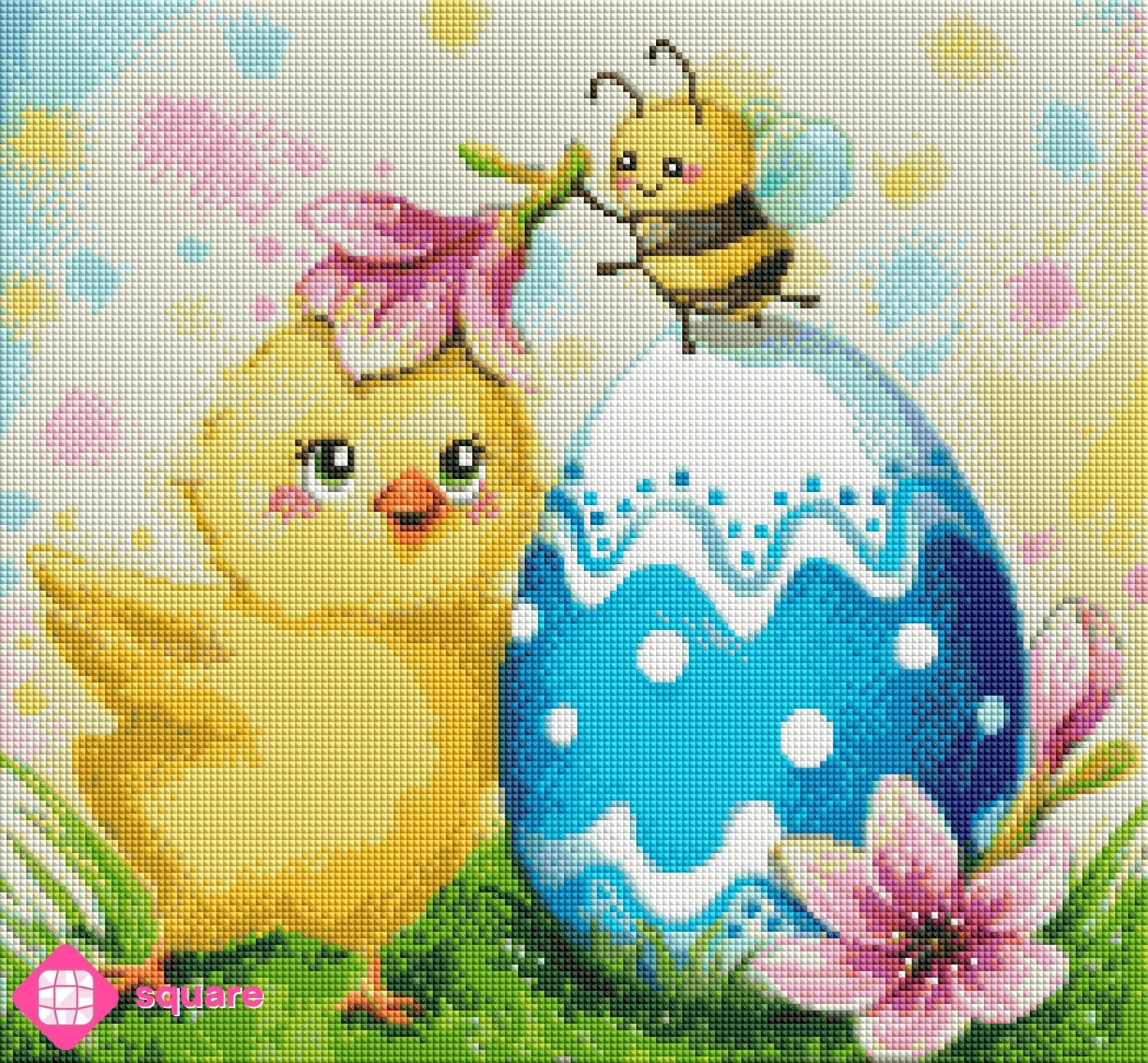 Diamond Painting Vorschau mit Küken, Biene, Osterei und Blumen im Frühlingsmotiv in funkelnder Steinoptik