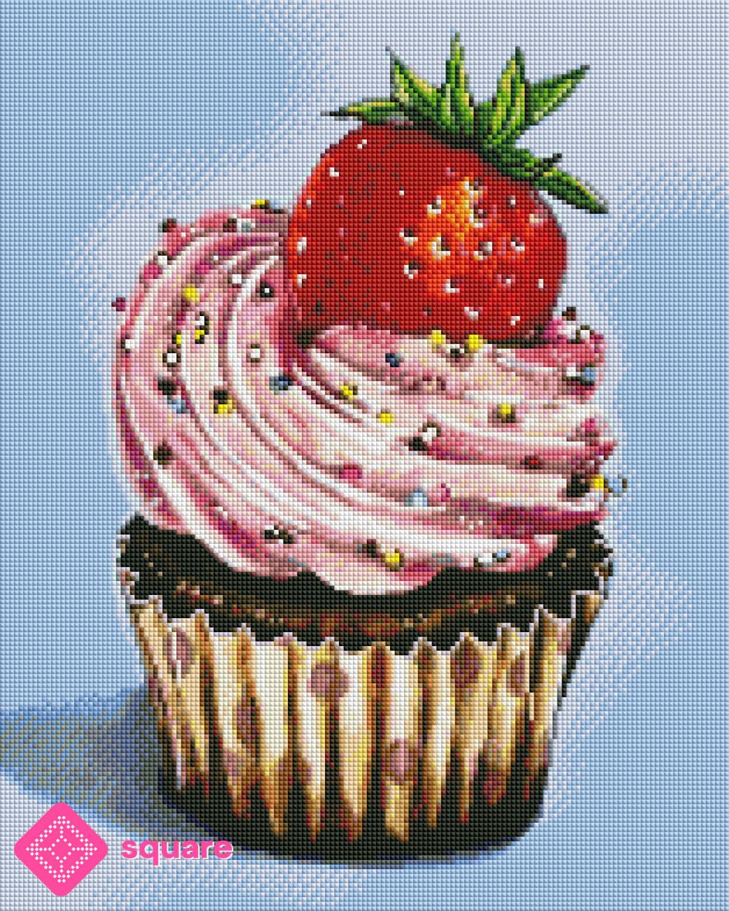 Diamond Painting Vorschau mit Erdbeer Cupcake in funkelnder Steinoptik