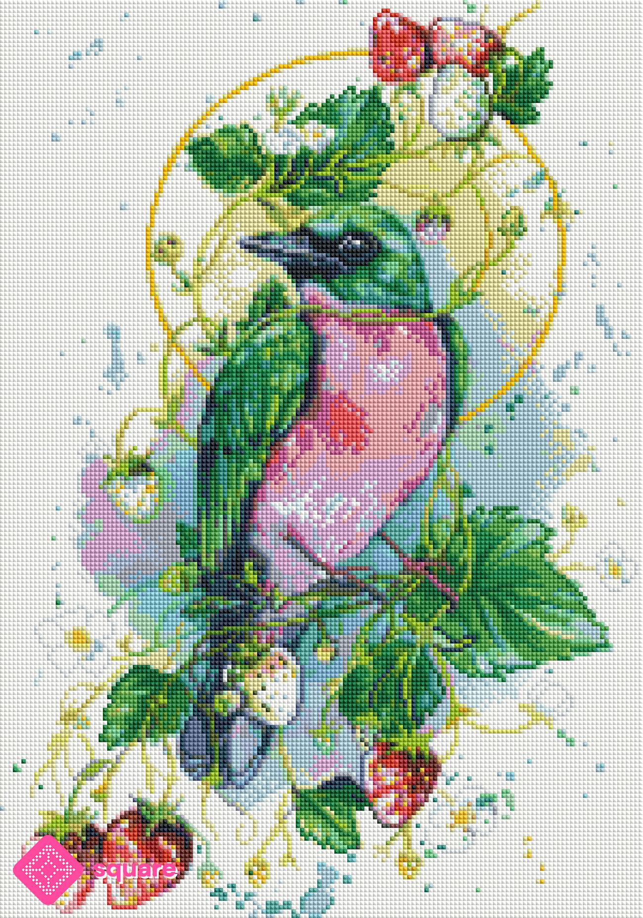 Vorschau eines farbenfrohen Diamond Paintings mit Vogel und Erdbeermotiv in funkelnder Steinoptik