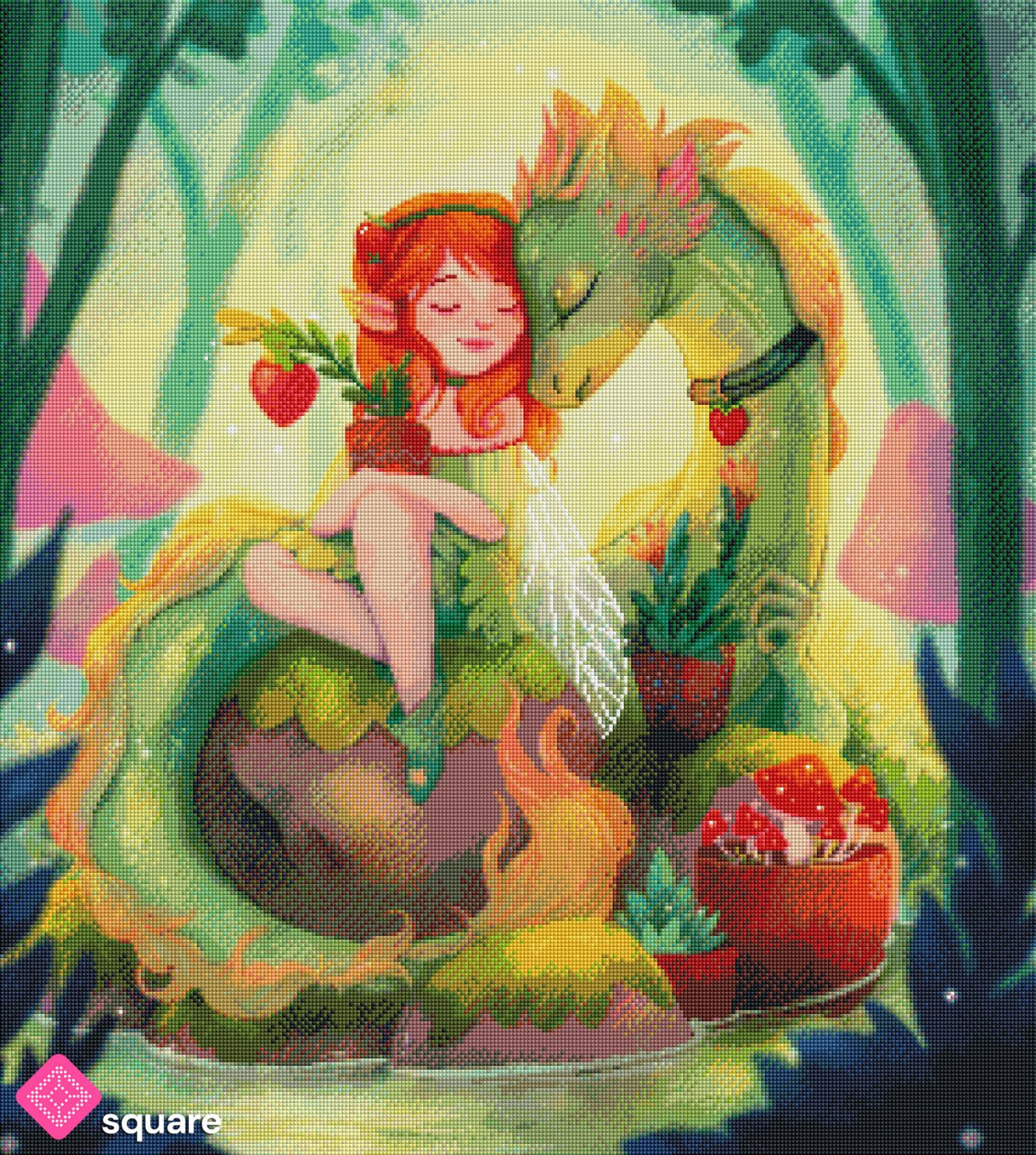 Diamond Painting Vorschau mit kleiner Elfe und großem grünen Drachen auf einer Insel, die gemeinsam eine Erdbeerpflanze halten, umgeben von einem geheimnisvollen Wald und fantasievollen Pilzen in funkelnder Steinoptik