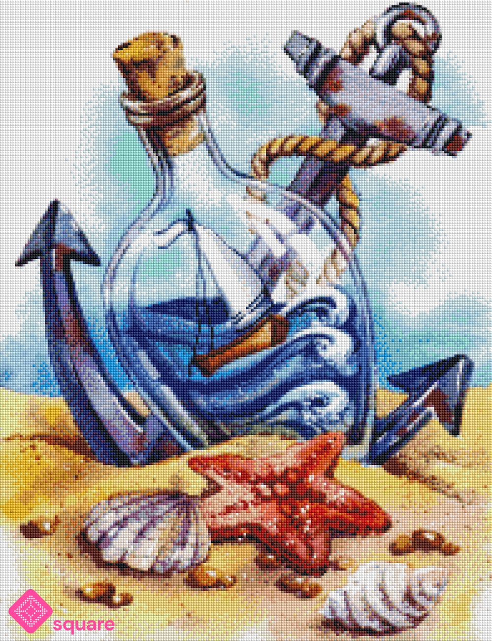 Diamond Painting Vorschau mit maritimem Flaschenschiff, Anker, Muscheln und Seestern in sommerlicher, funkelnder Steinoptik