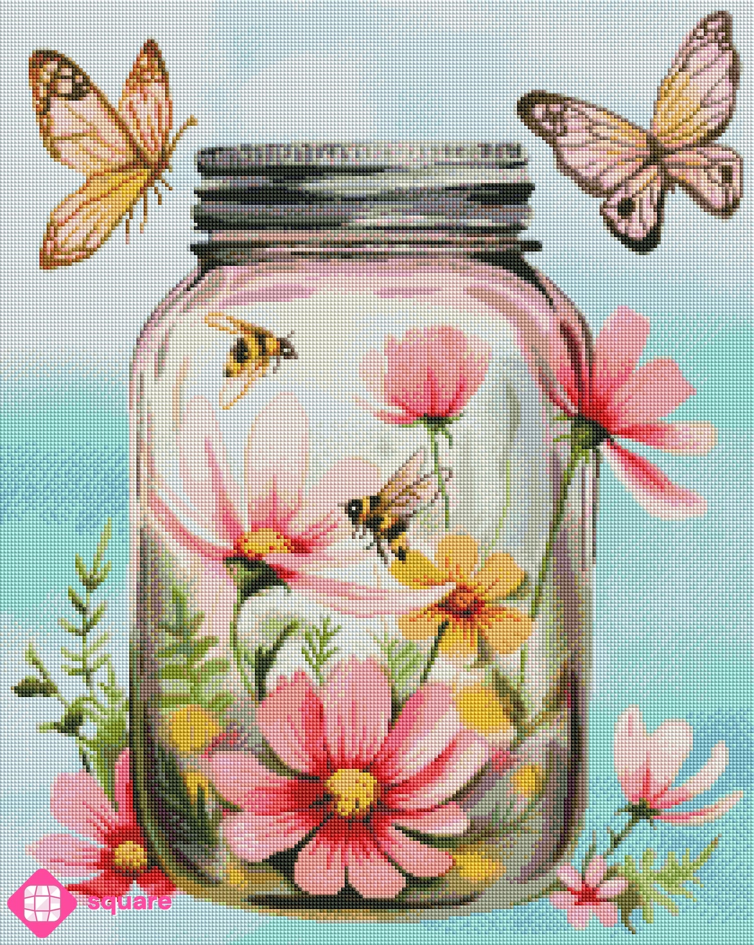 Diamond Painting Vorschau mit Einmachglas, Blumen und Schmetterlingen in funkelnder Steinoptik