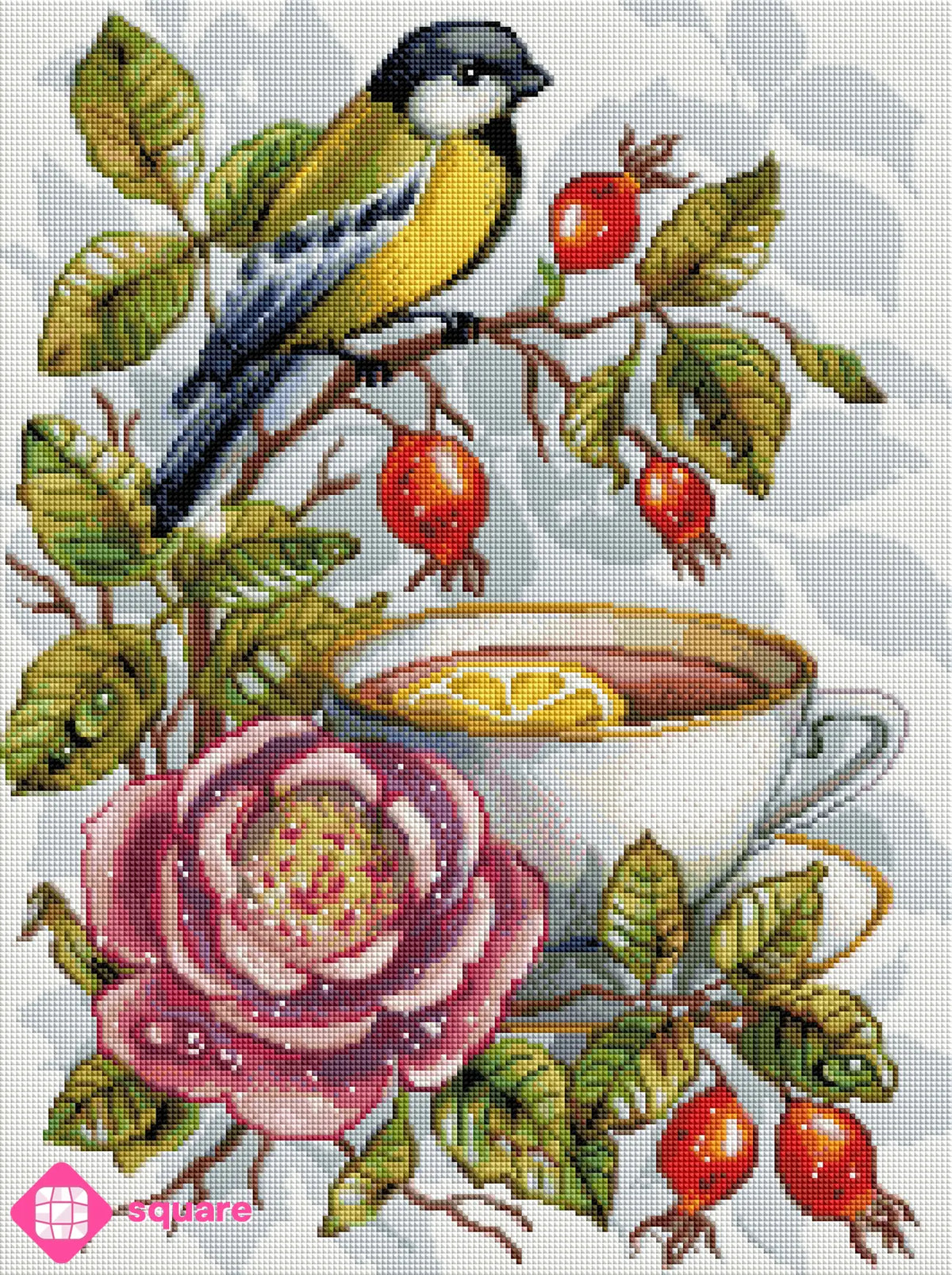 Diamond Painting Vorschau einer romantischen Teeszene mit Rosen, Hagebutten und Kohlmeise in funkelnder Steinoptik als Render-Vorschau