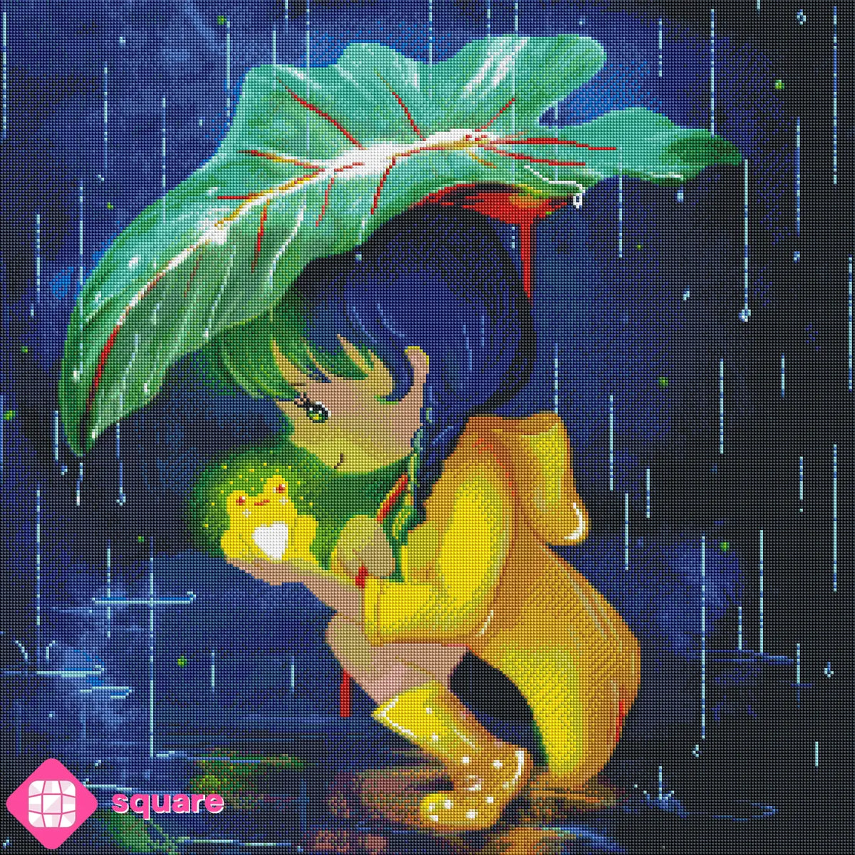 Diamond Painting Vorschau mit Mädchen im gelben Regenmantel, Frosch und stimmungsvoller Regenszene bei Nacht in funkelnder Steinoptik als Render-Vorschau