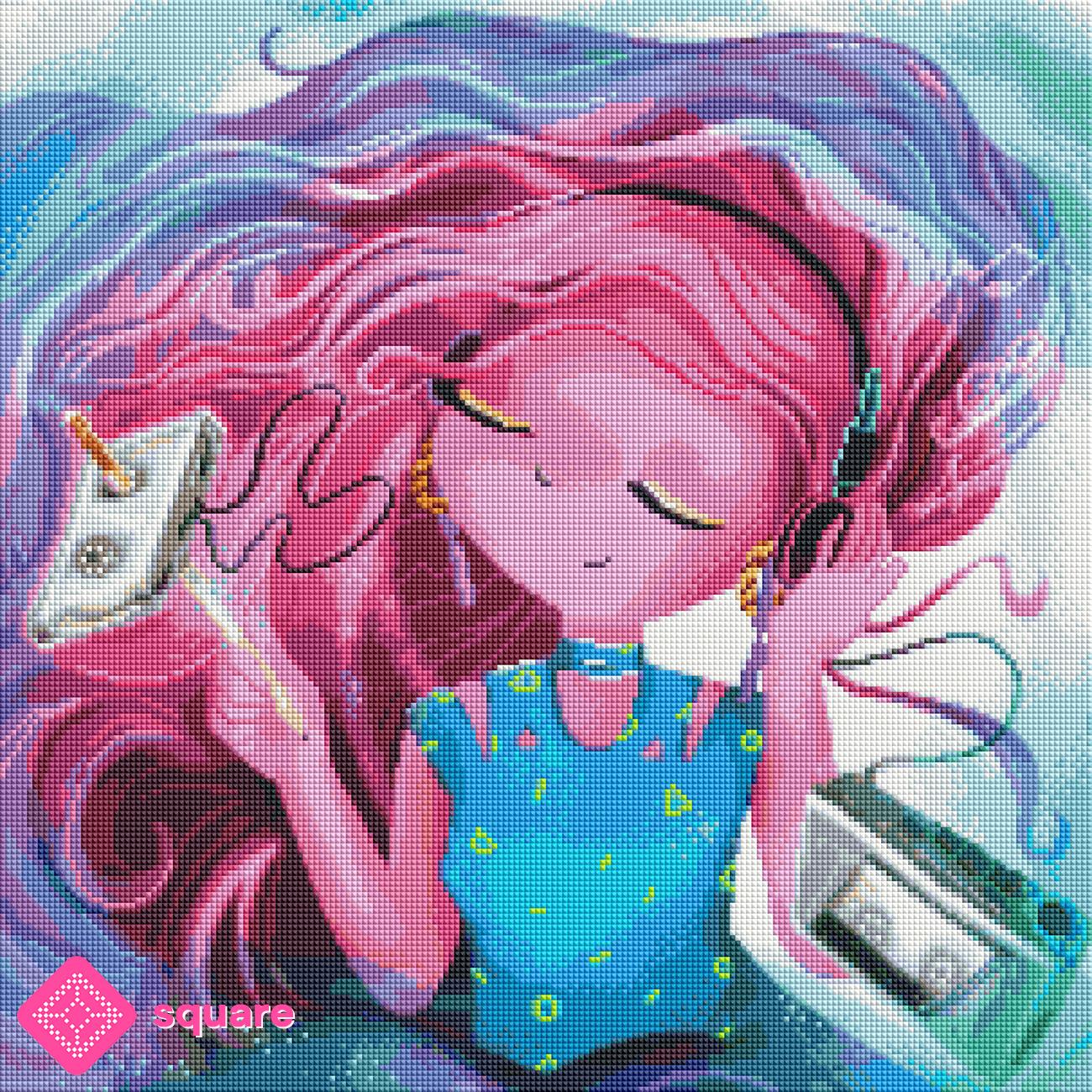 Diamond Painting Vorschau eines 90er Jahre Girls mit Kopfhörern und Retro Musik Motiv in funkelnder Steinoptik