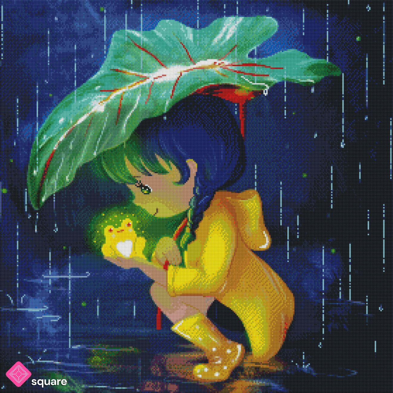 Diamond Painting Vorschau mit Mädchen im gelben Regenmantel, Frosch und stimmungsvoller Regenszene in funkelnder Steinoptik