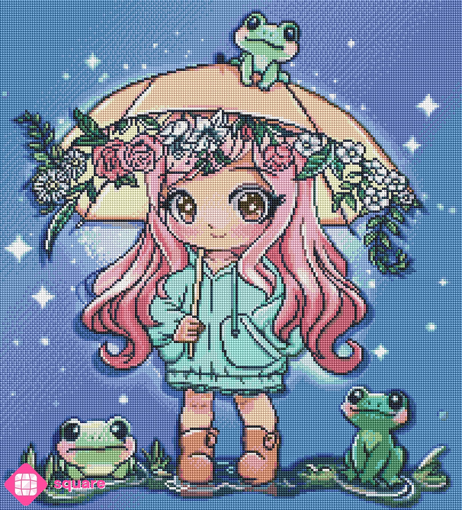 Diamond Painting Vorschau mit Mädchen, Blumenregenschirm und kleinen Froschfreunden im sanften Nieselregen in funkelnder Steinoptik