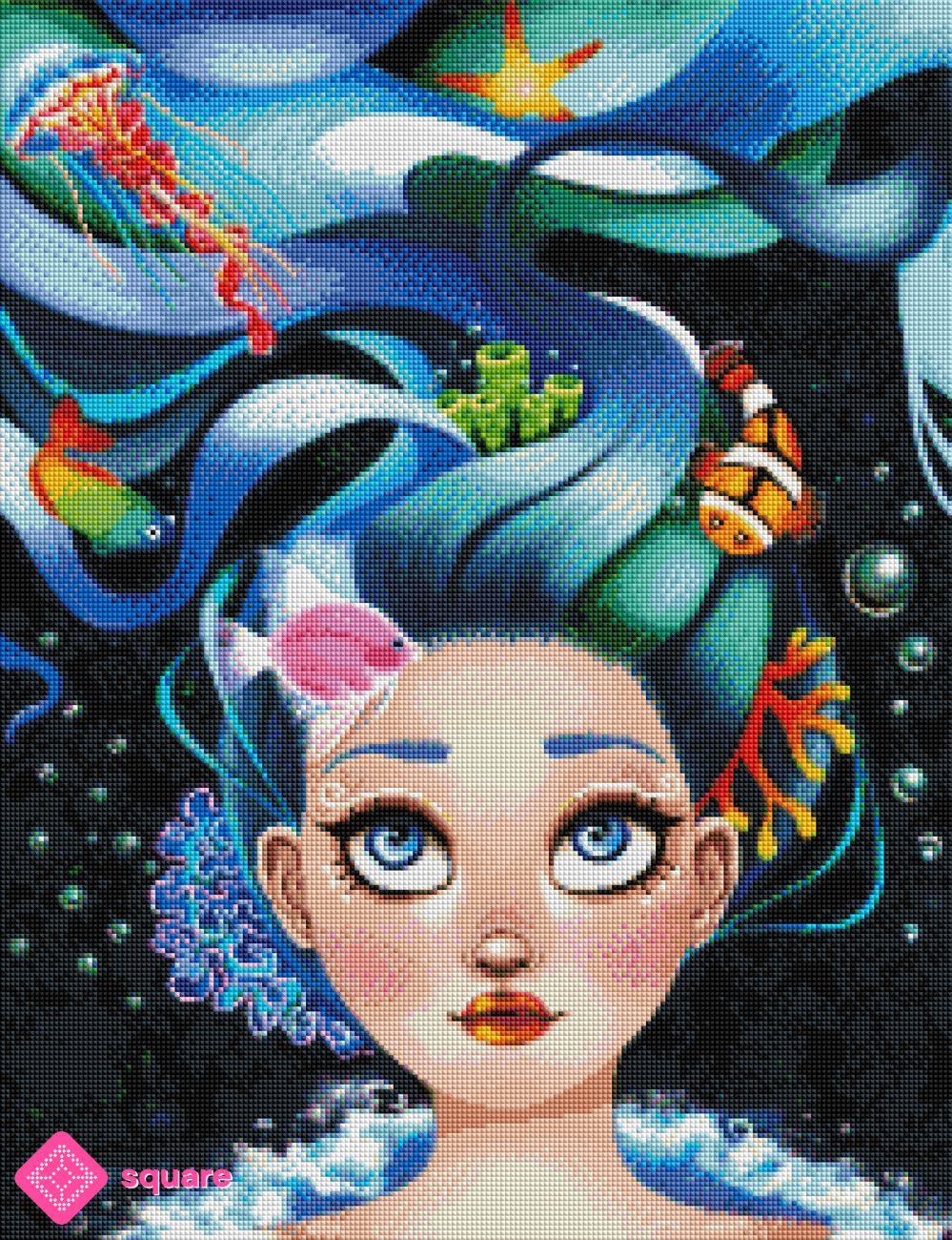 Diamond Painting Vorschau mit Unterwasserschönheit und farbenprächtigem Haar, in dem sich Fische, Korallen und weitere Meeresbewohner tummeln, in funkelnder Steinoptik