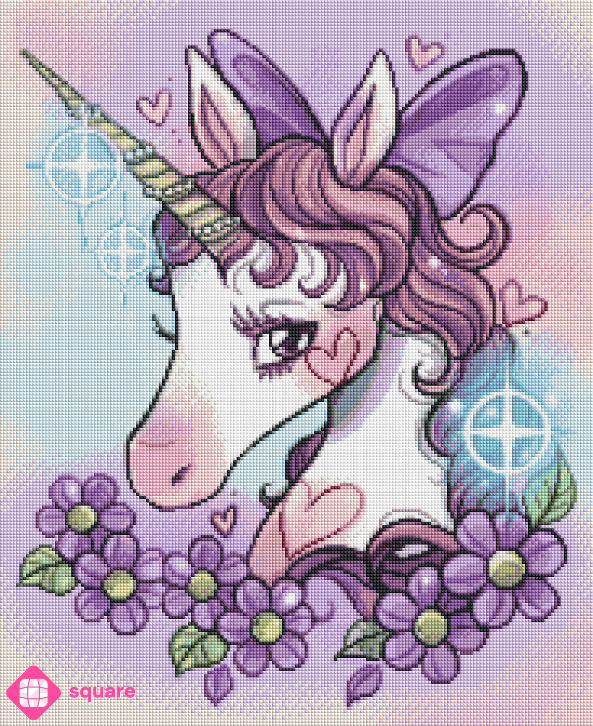 Diamond Painting Vorschau mit Einhorn und Blumen in funkelnder Steinoptik
