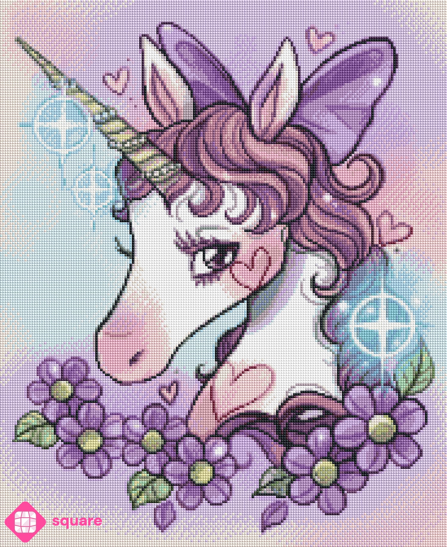 Diamond Painting Vorschau mit Einhorn und Blumen in funkelnder Steinoptik
