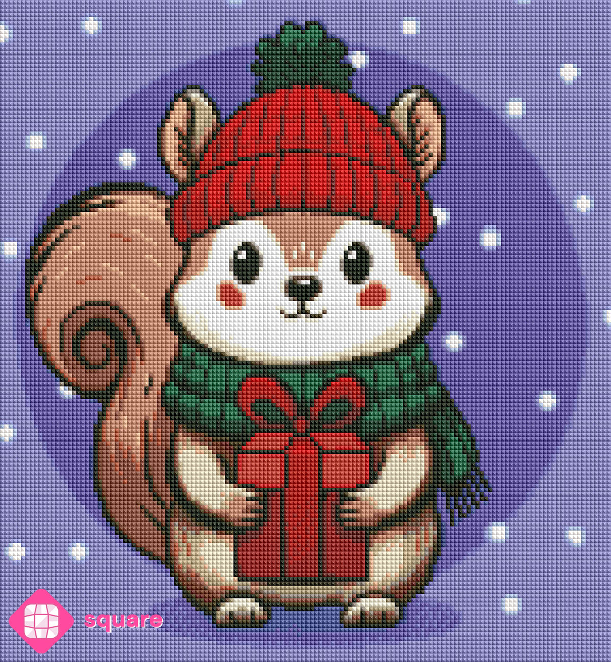 Diamond Painting Vorschau mit weihnachtlichem Eichhörnchen Motiv in funkelnder Steinoptik