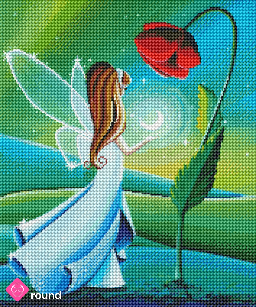 Diamond Painting Vorschau mit kleiner Fee, Halbmond und roter Mohnblume in einer zauberhaften grünen Landschaft in funkelnder Steinoptik