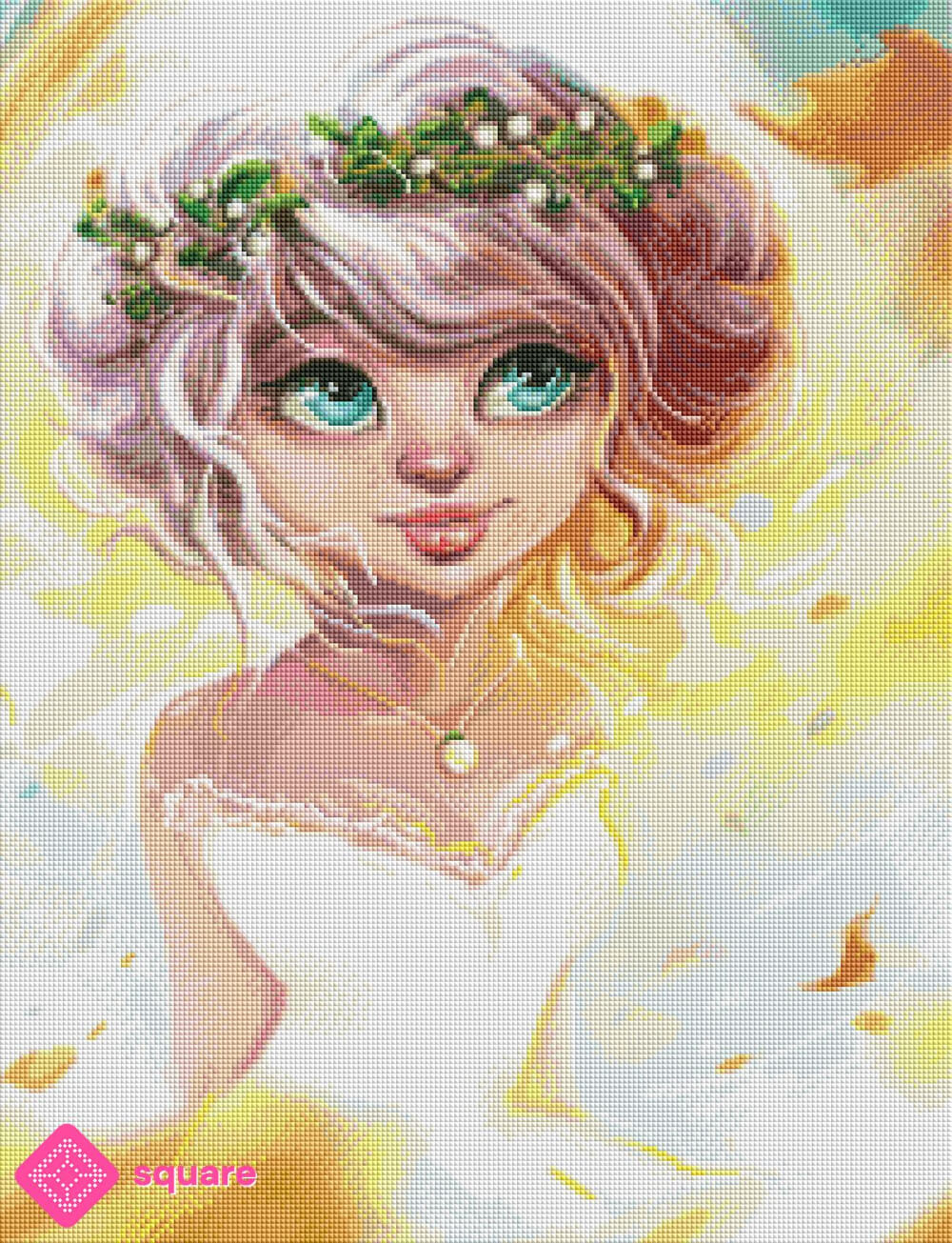 Diamond Painting Vorschau mit Mädchen mit großen blauen Augen, wilden blonden Locken und einem zarten Blätterkranz mit weißen Perlen in funkelnder Steinoptik