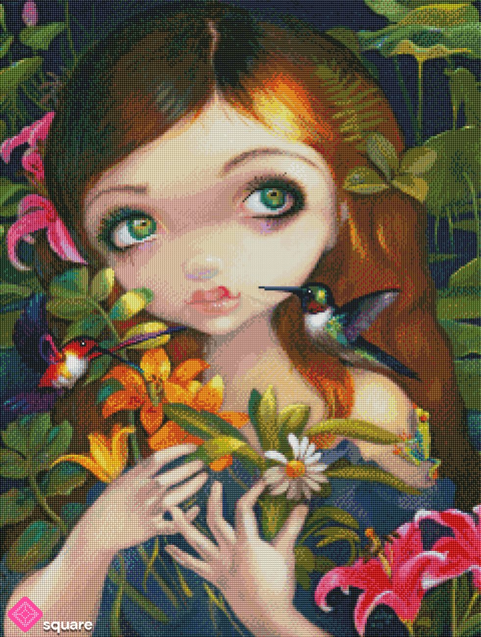 Diamond Painting Vorschau mit Mädchen, Kolibris und Blumen in funkelnder Steinoptik