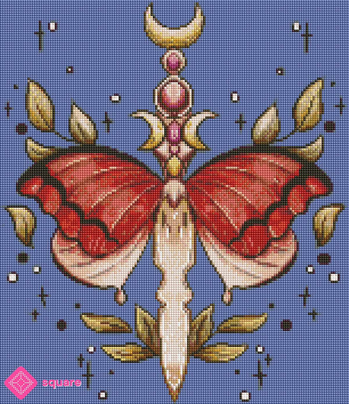 Diamond Painting Vorschau mit magischem Dolch und Schmetterlingsflügeln in funkelnder Steinoptik