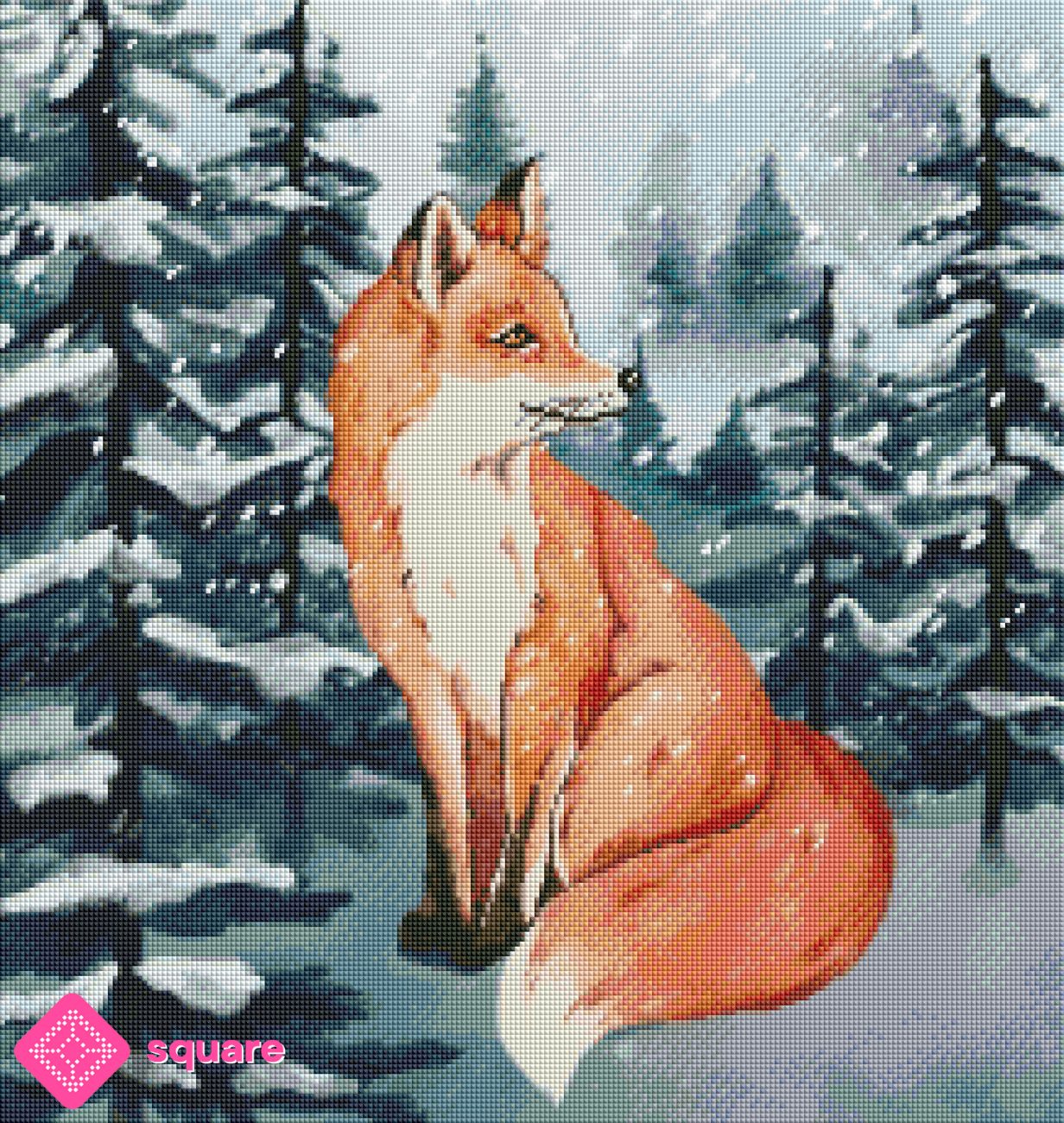 Diamond Painting Vorschau mit Fuchs im winterlichen Schneetreiben und verschneiter Waldlandschaft in funkelnder Steinoptik