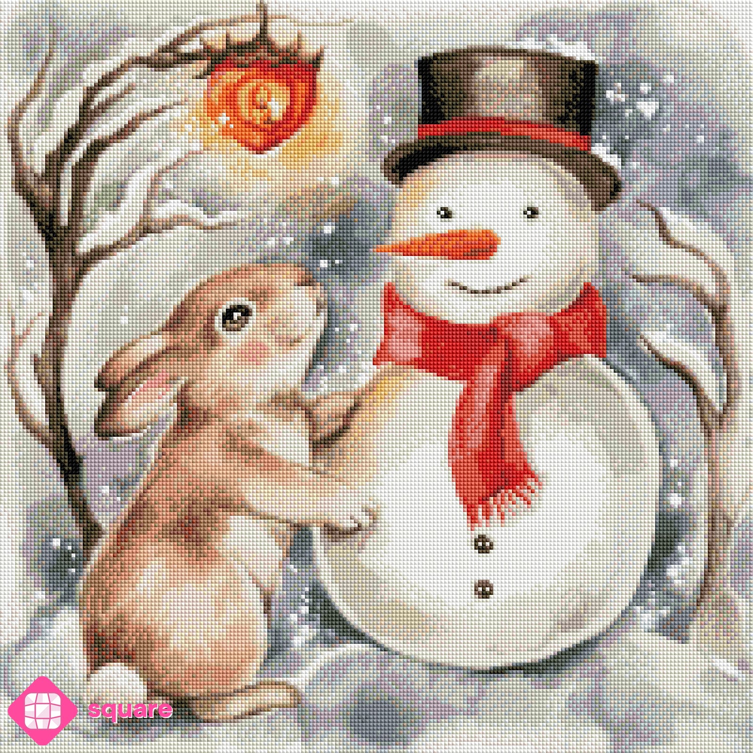 Diamond Painting Vorschau mit einem niedlichen kleinen Hasen und einem Schneemann mit Zylinder und Schal, die unter einer Laterne an einem Ast in einer verschneiten Winternacht stehen, in funkelnder Steinoptik