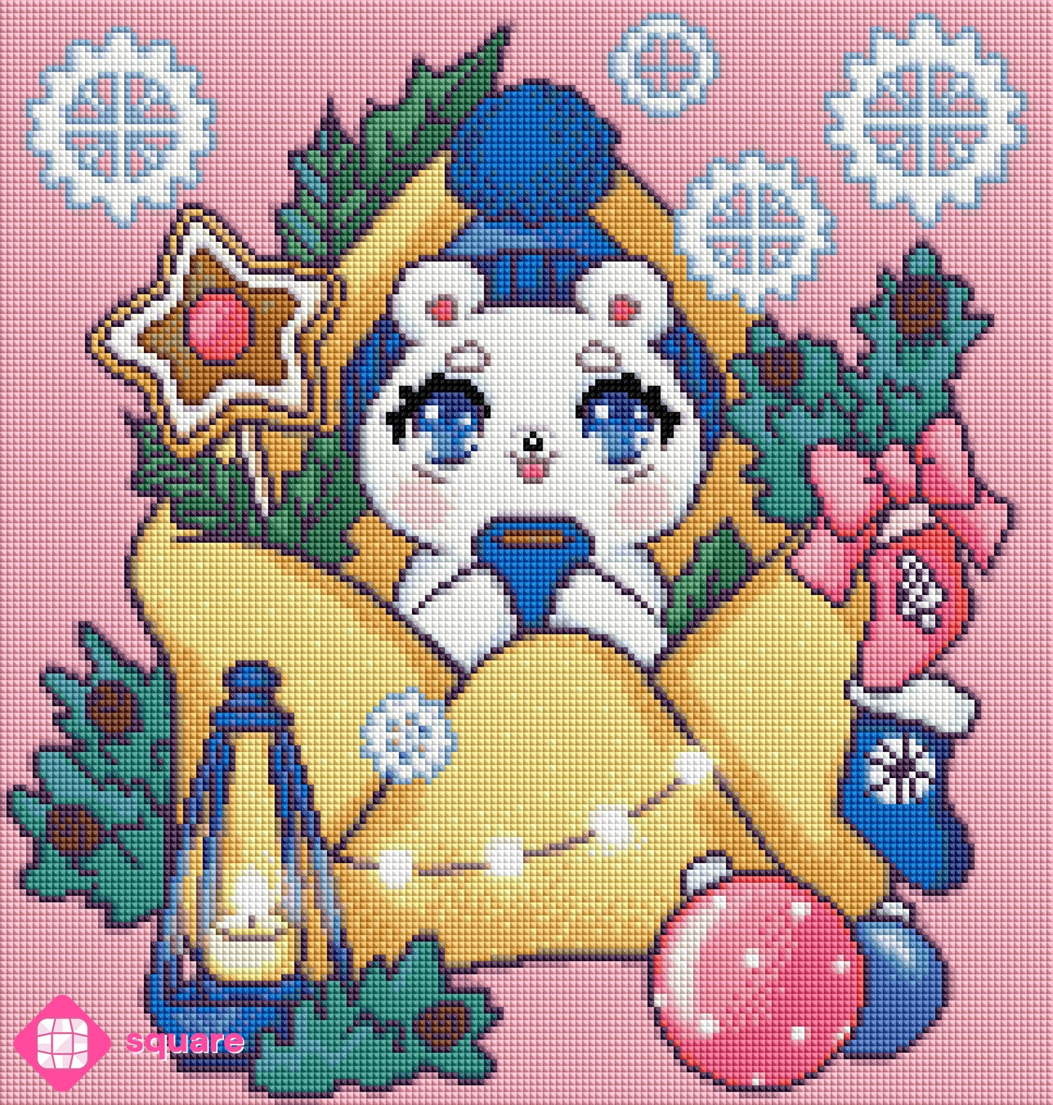 Diamond Painting Vorschau mit kleinem Eisbären im blauen Winterlook, der aus einem festlich geschmückten Briefumschlag schaut, mit Tannengrün, Lichtern, Weihnachtsdekoration, Laterne und riesigen Schneekristallen, in funkelnder Steinoptik als Render-Vorschau