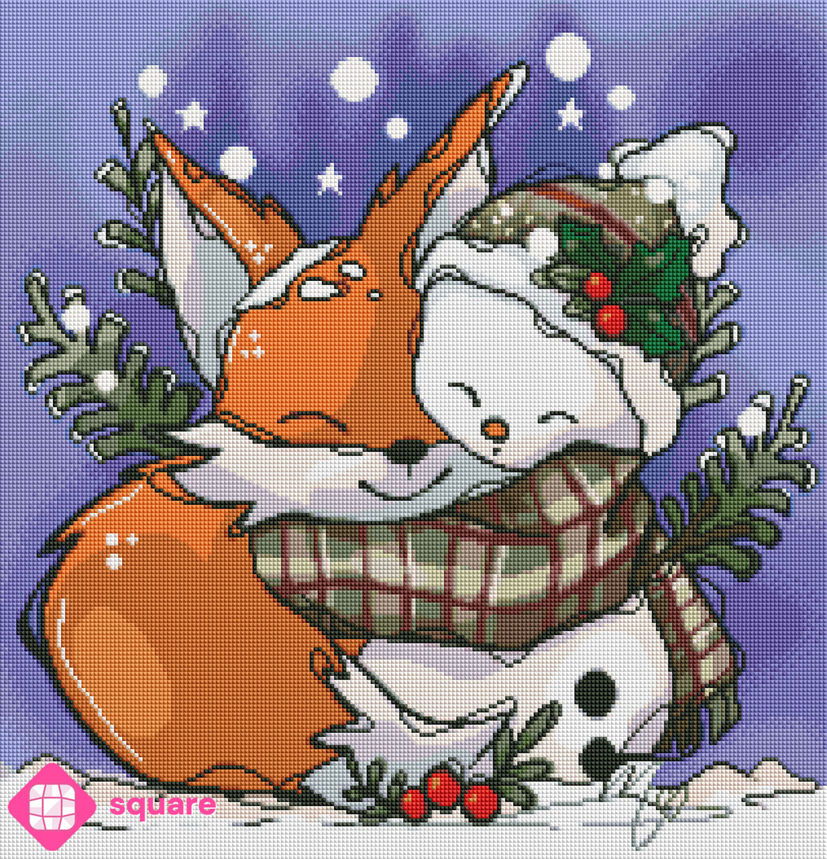 Diamond Painting Vorschau mit Fuchs und Schneemann beim Kuscheln in einer verschneiten Winterlandschaft mit Zweigen und Beeren in funkelnder Steinoptik
