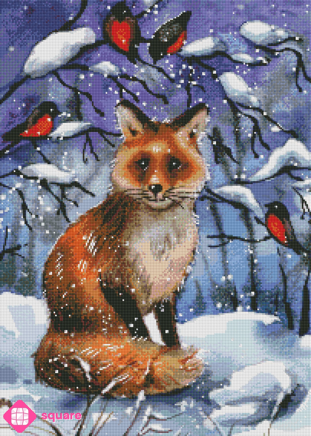 Diamond Painting Vorschau mit aufmerksam lauschendem Fuchs und kleinen Vögeln zwischen verschneiten Zweigen in funkelnder Steinoptik