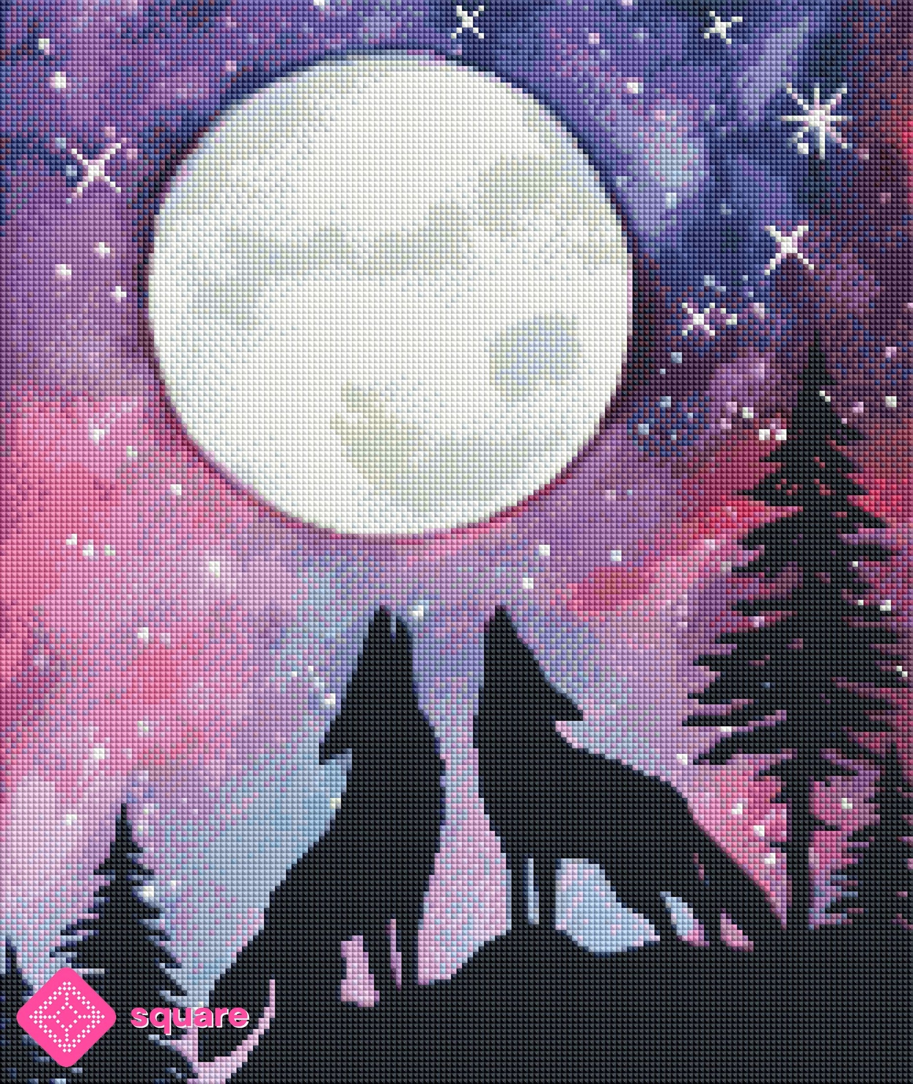 Diamond Painting Vorschau mit zwei Wölfen und großem Vollmond unter einem farbenprächtigen Nachthimmel in funkelnder Steinoptik