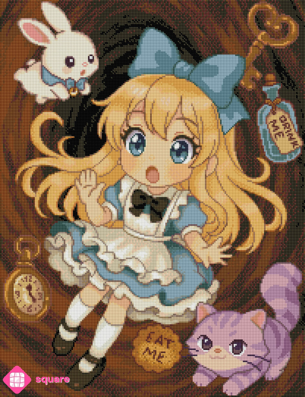 Diamond Painting Vorschau mit der kleinen Alice aus dem Wunderland, die gerade in den Kaninchenbau fällt, begleitet vom weißen Hasen und der Grinsekatze sowie umgeben von „Drink Me“-Fläschchen, „Eat Me“-Keks und Taschenuhr in funkelnder Steinoptik