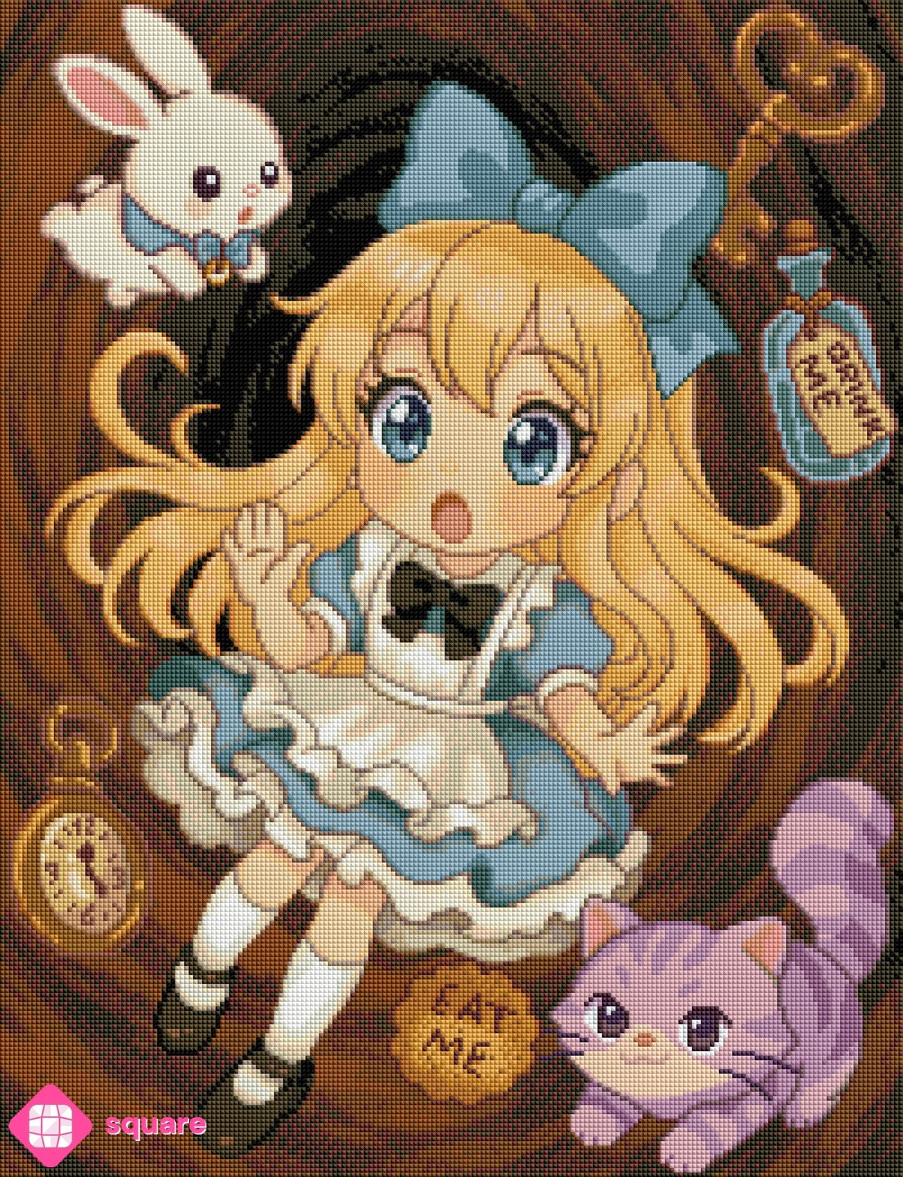 Diamond Painting Vorschau mit der kleinen Alice aus dem Wunderland, die gerade in den Kaninchenbau fällt, begleitet vom weißen Hasen und der Grinsekatze sowie umgeben von „Drink Me“-Fläschchen, „Eat Me“-Keks und Taschenuhr in funkelnder Steinoptik