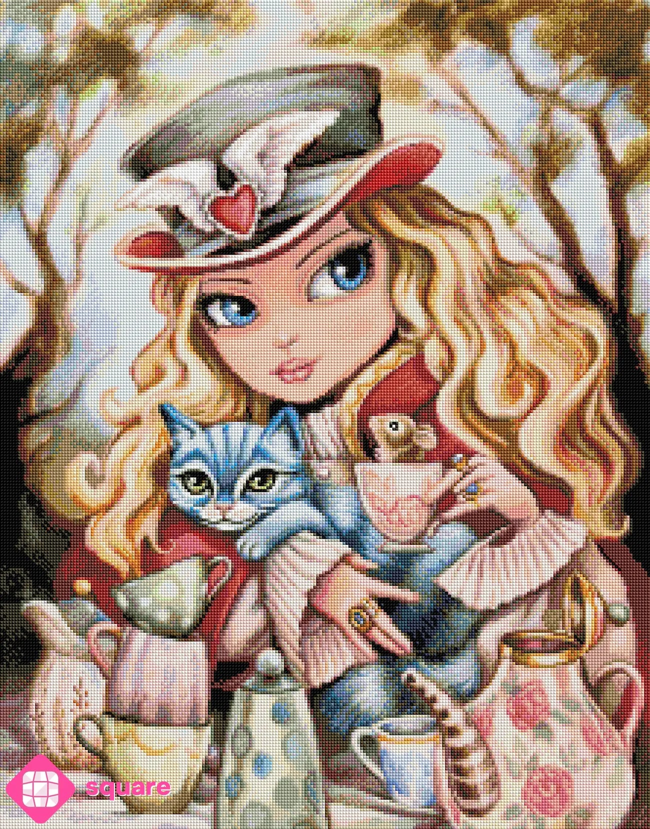 Diamond Painting Vorschau mit Alice und Grinsekatze an einem reich gedeckten Teetisch im magischen Wunderland in funkelnder Steinoptik als Render-Vorschau