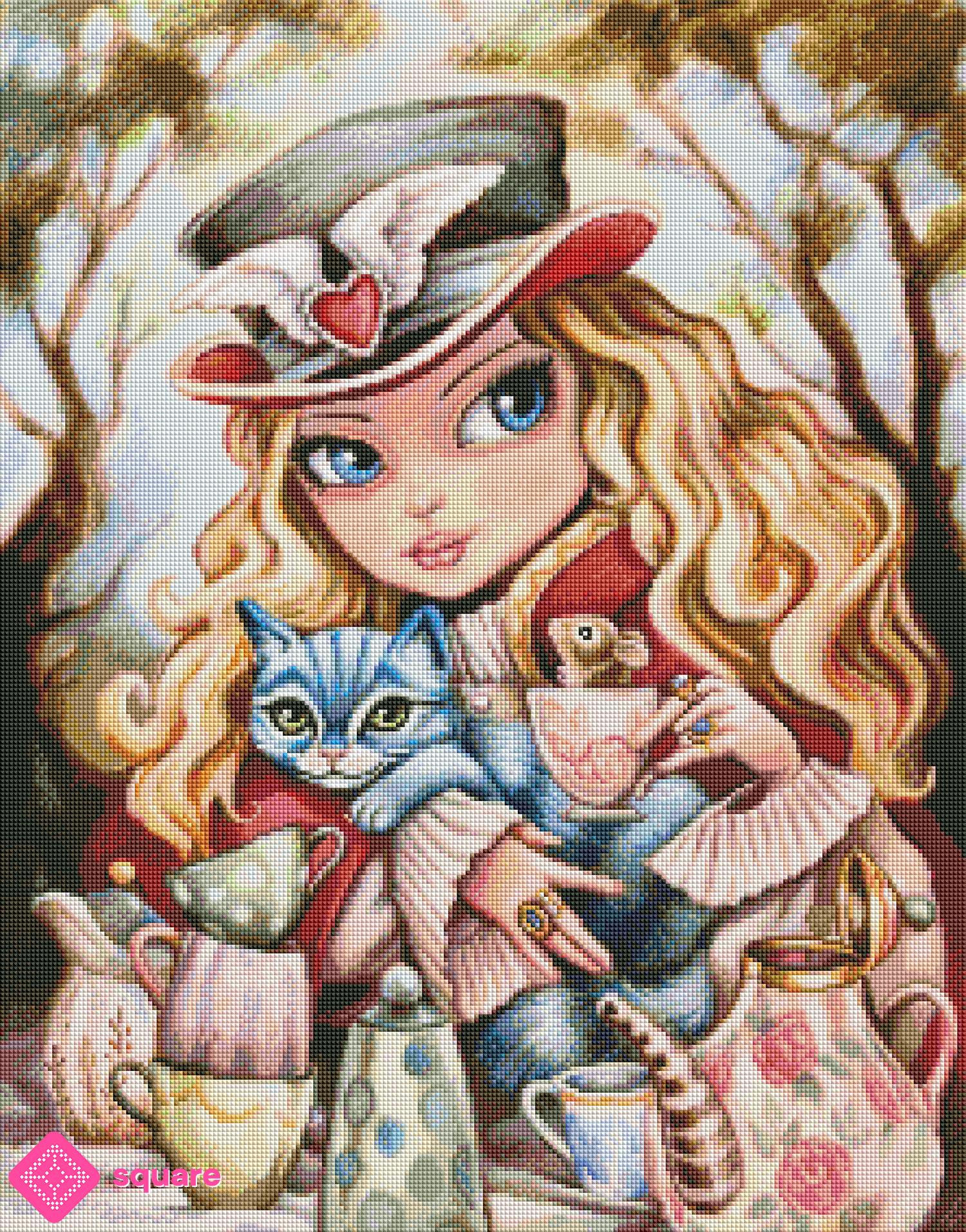 Diamond Painting Vorschau mit Alice und Grinsekatze an einem reich gedeckten Teetisch im magischen Wunderland in funkelnder Steinoptik