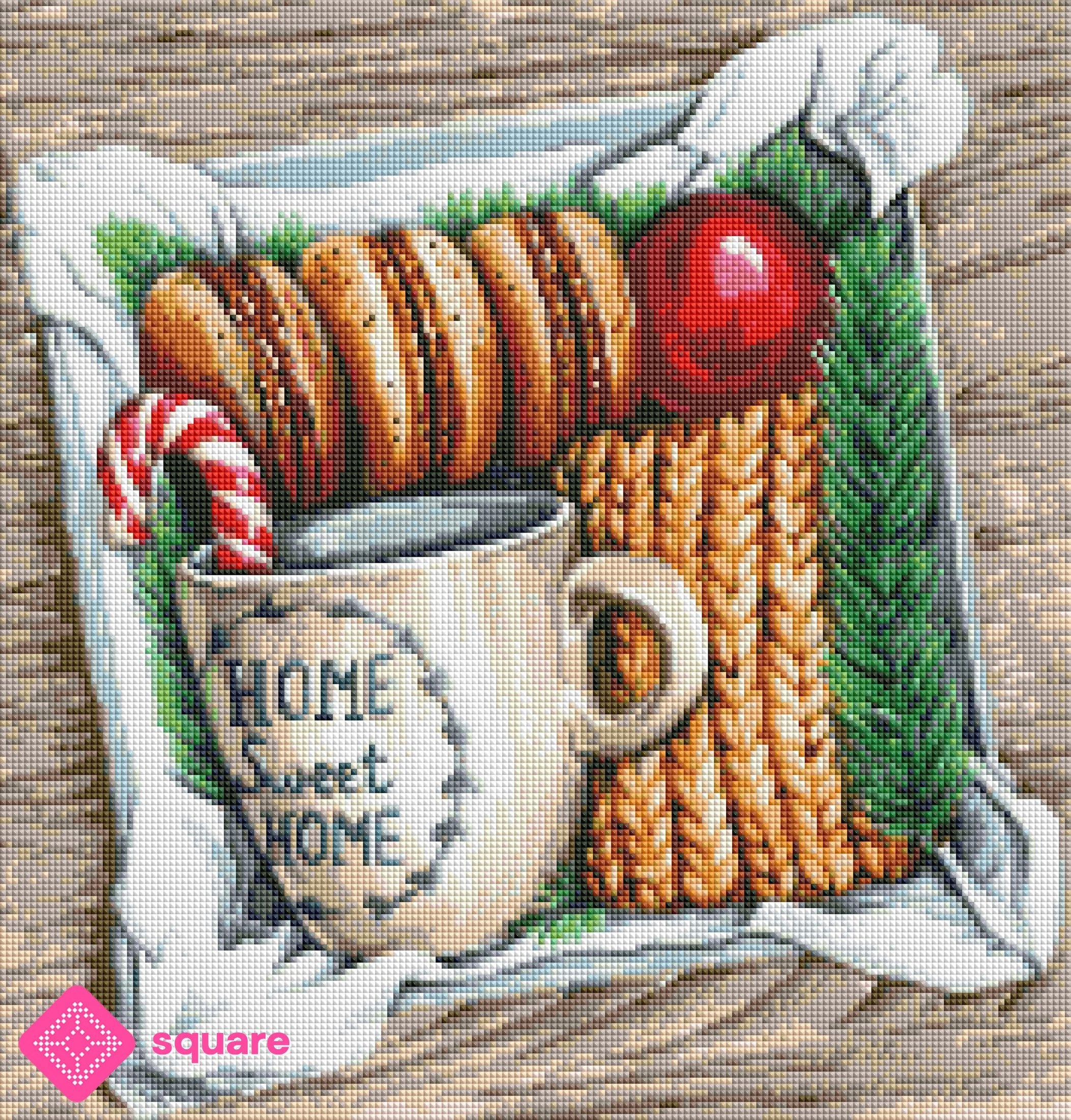 Diamond Painting Vorschau mit weihnachtlicher Box, Keksen, Tasse, Zuckerstange und festlicher Dekoration in funkelnder Steinoptik