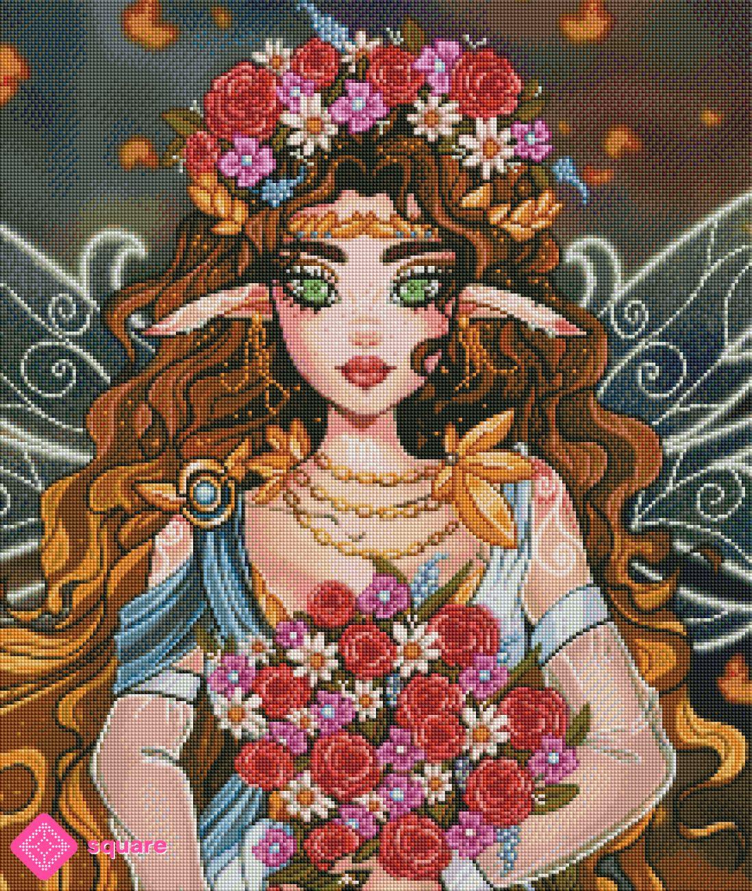 Diamond Painting Vorschau mit Zodiac Fairy und magischem Blumenmotiv in funkelnder Steinoptik