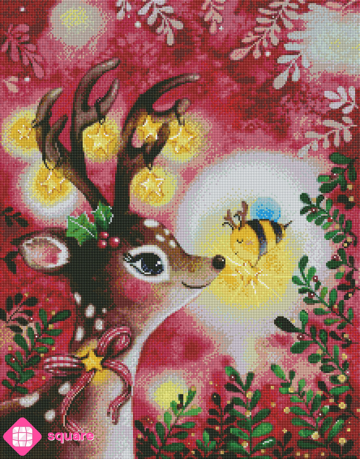 Diamond Painting Vorschau mit Weihnachts Reh, Biene und Mistelzweigen in funkelnder Steinoptik
