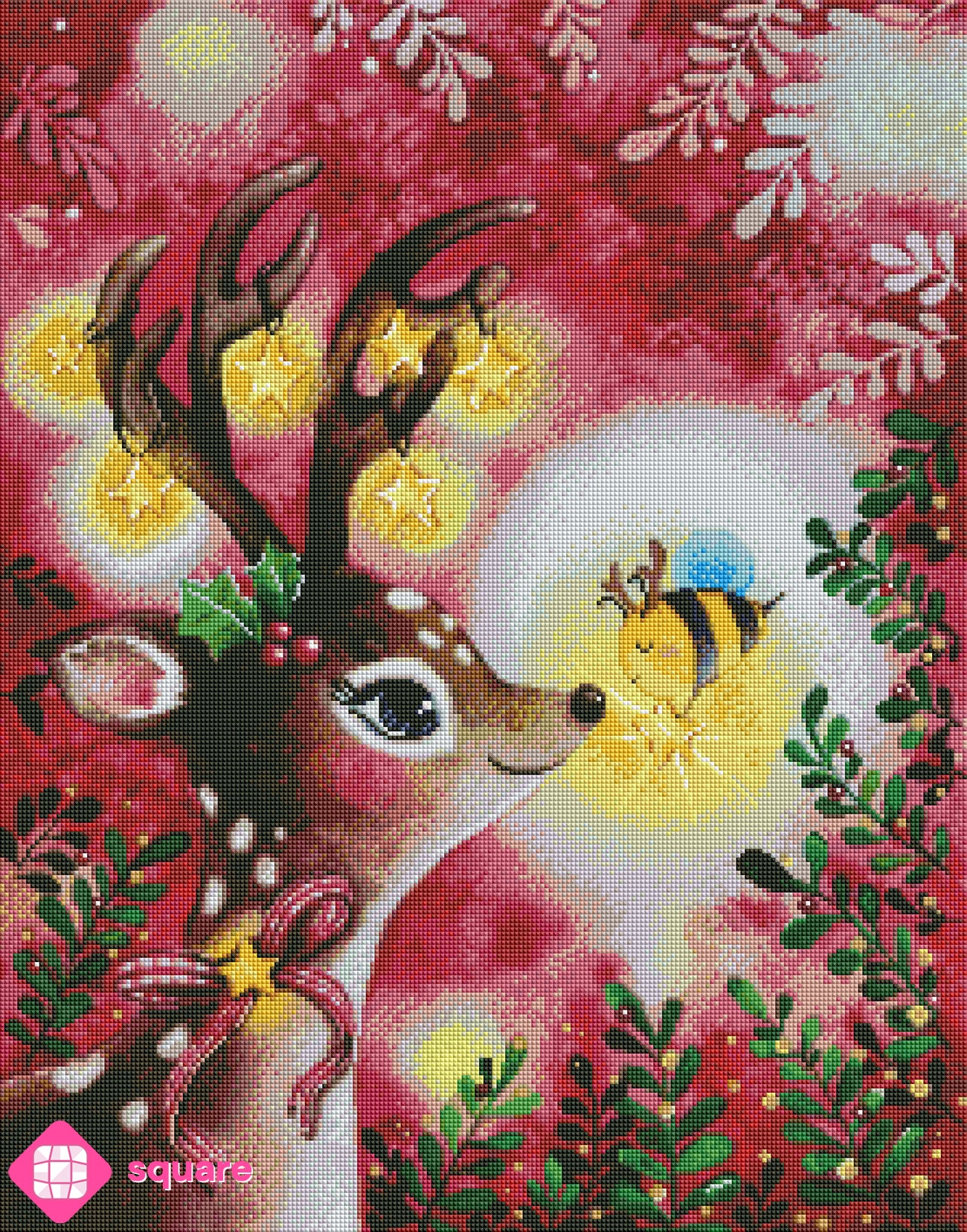 Diamond Painting Vorschau mit Weihnachts Reh, Biene und Mistelzweigen in funkelnder Steinoptik