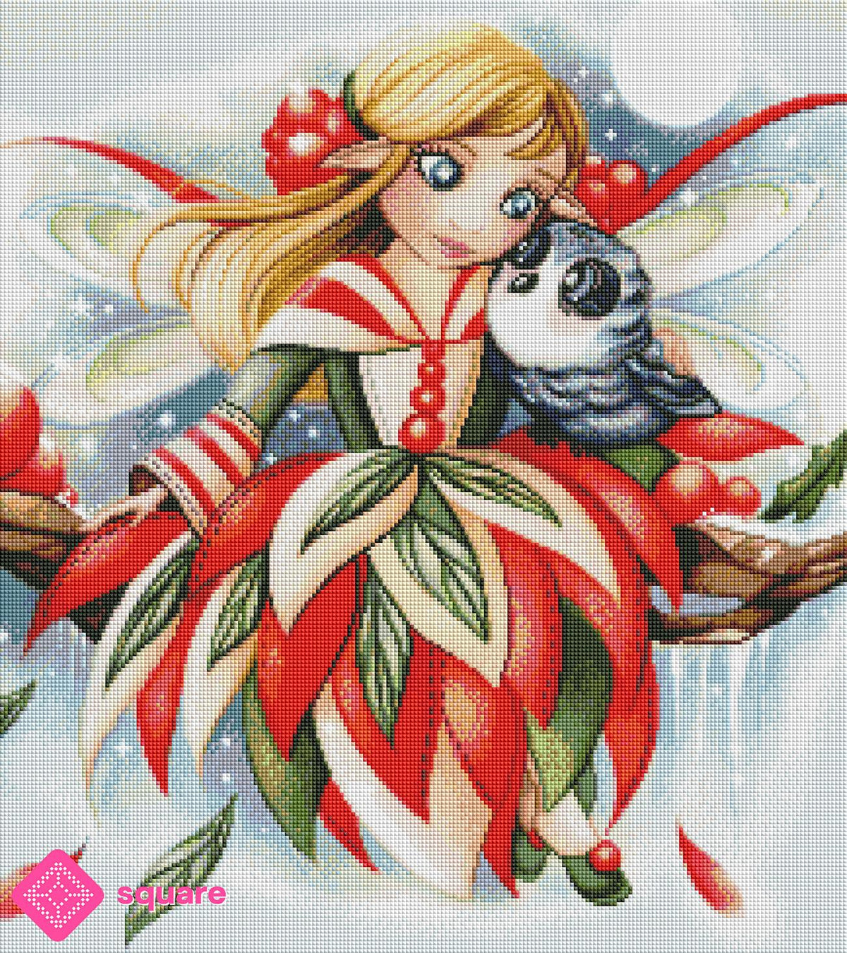 Diamond Painting Vorschau mit Winterfee und Eule in funkelnder Steinoptik