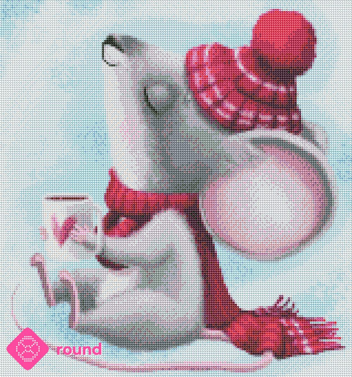 Diamond Painting Vorschau mit kleinem Mäuschen in rotem Schal und roter Pudelmütze, das glücklich seine Tasse mit Herz hält und mit geschlossenen Augen genießt, in funkelnder Steinoptik