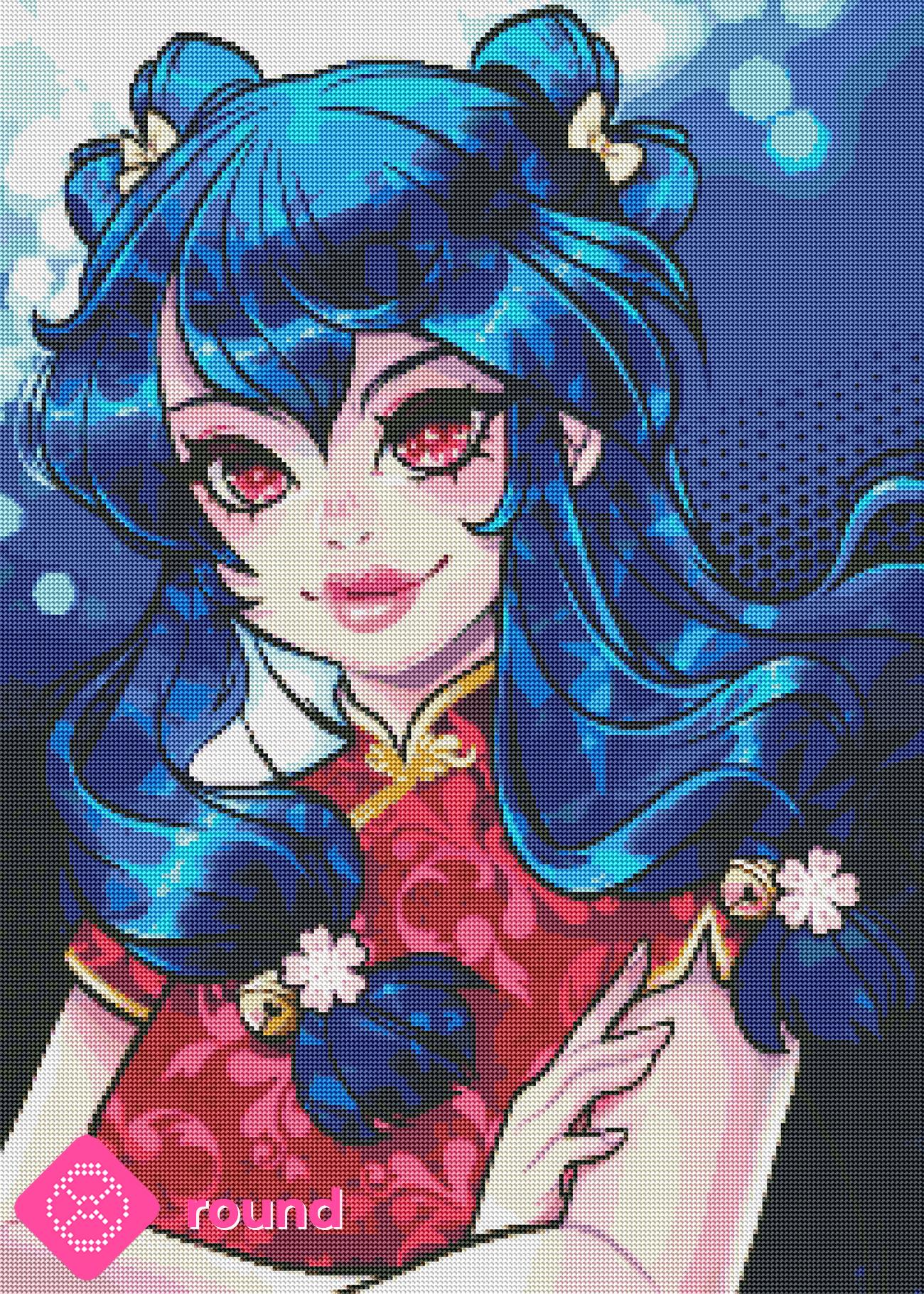 Diamond Painting Vorschau mit Mädchen mit strahlend blauen Haaren und großen ausdrucksvollen Augen in einem prachtvollen roten Kleid mit Muster, umgeben von funkelndem Bokeh in leuchtender Steinoptik