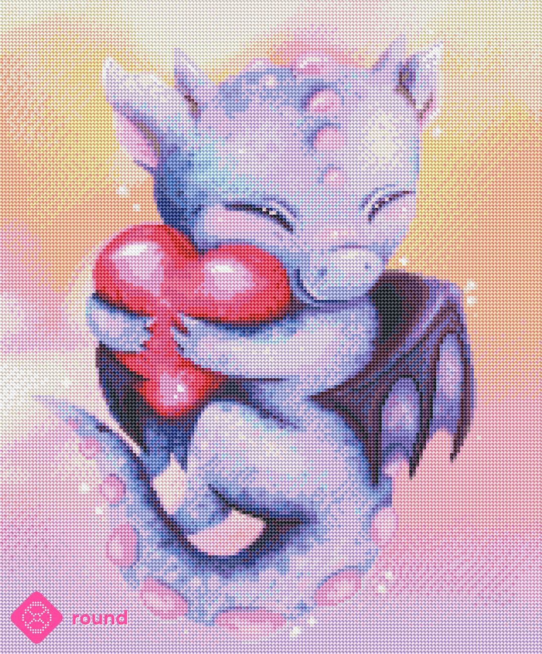 Diamond Painting Vorschau mit niedlichem lila Drachen mit Flügeln, der mit geschlossenen Augen ein großes rotes Herz fest an sich drückt, in funkelnder Steinoptik