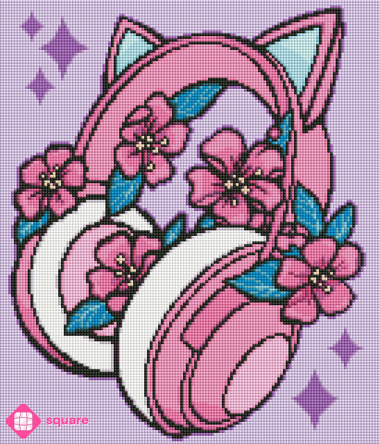 Diamond Painting Vorschau mit rosa Kopfhörern und Katzenohren in funkelnder Steinoptik