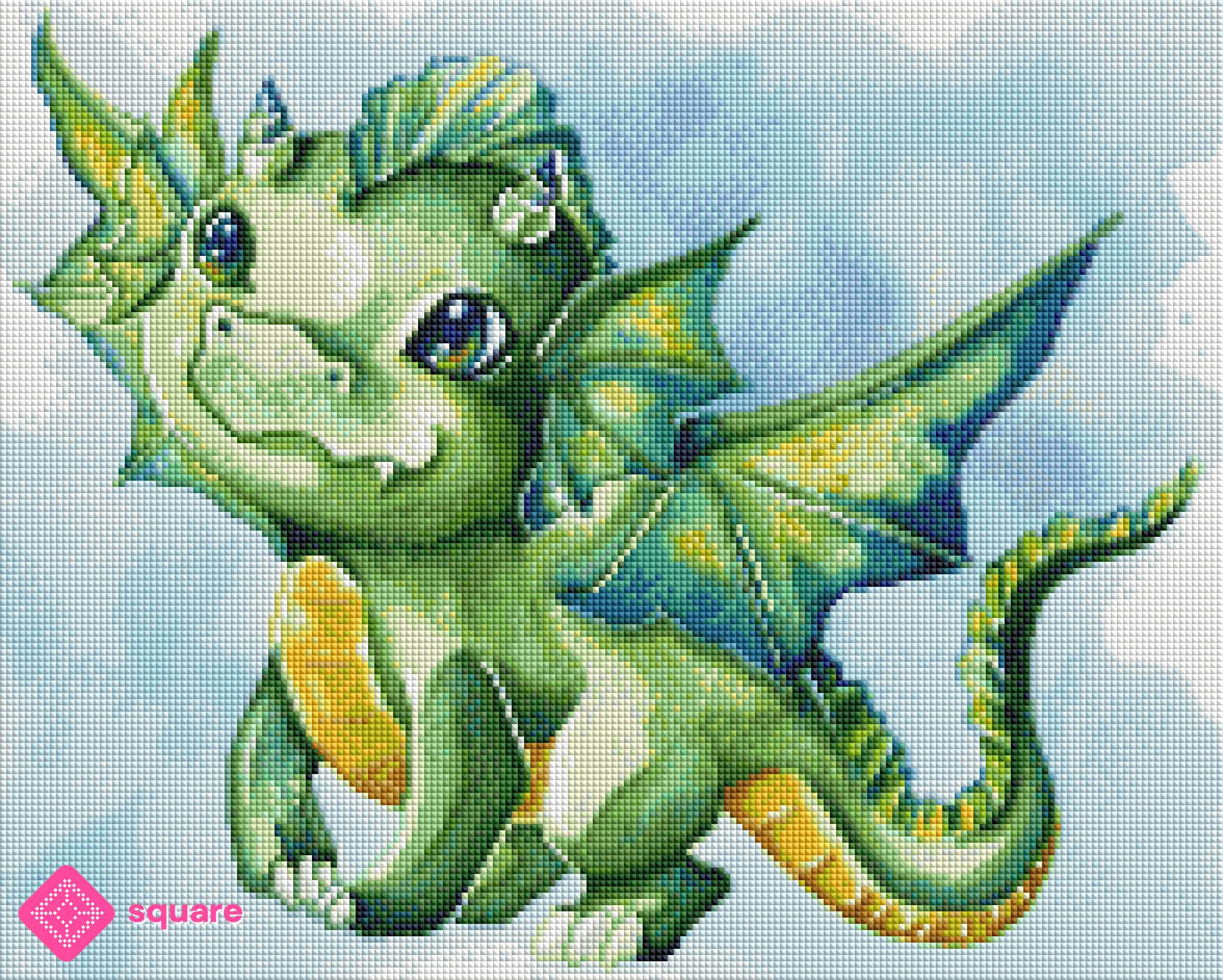 Diamond Painting Vorschau mit kleinem grünen Drachen in funkelnder Steinoptik