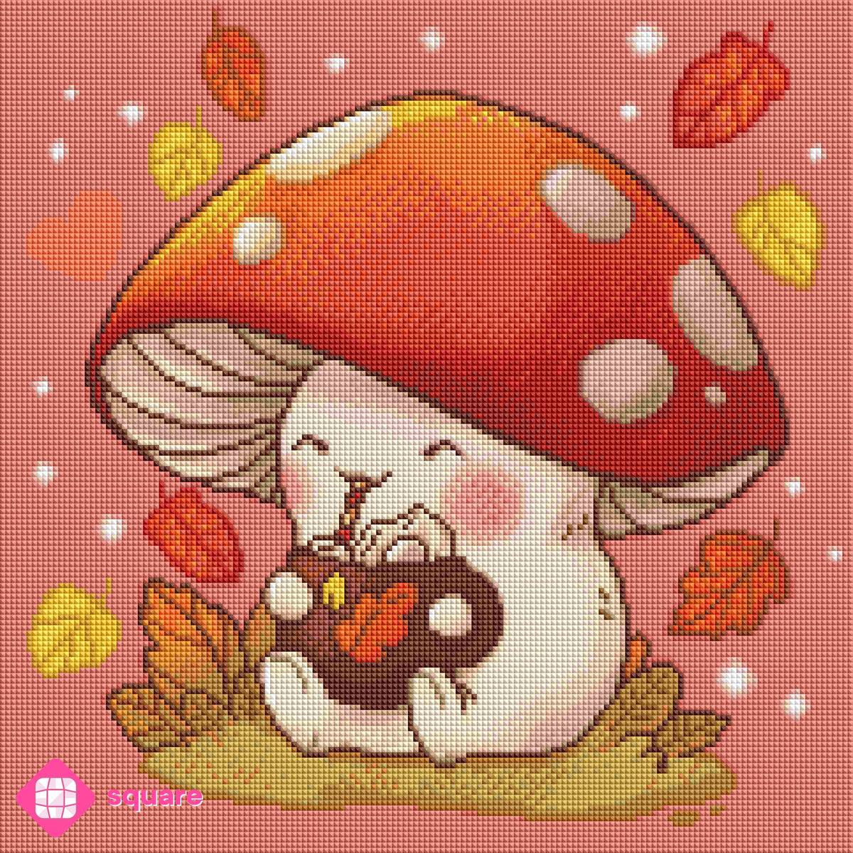 Diamond Painting Vorschau mit niedlichem Pilz und herbstlichem Genuss Motiv