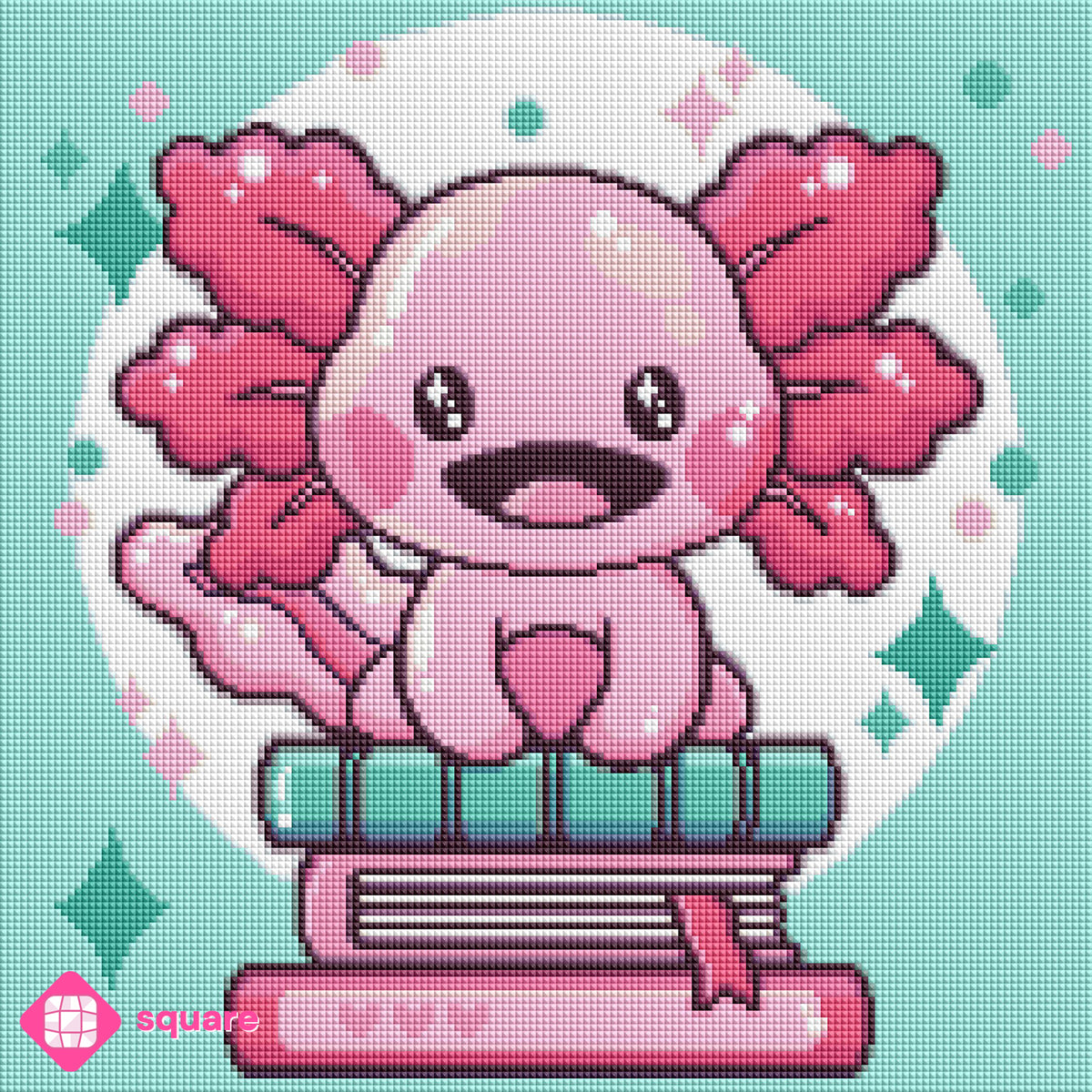 Diamond Painting Vorschau des rosa-pinken Kawaii-Axolotls mit großen strahlenden Augen auf einem Bücherstapel, in funkelnder Steinoptik als Render-Vorschau
