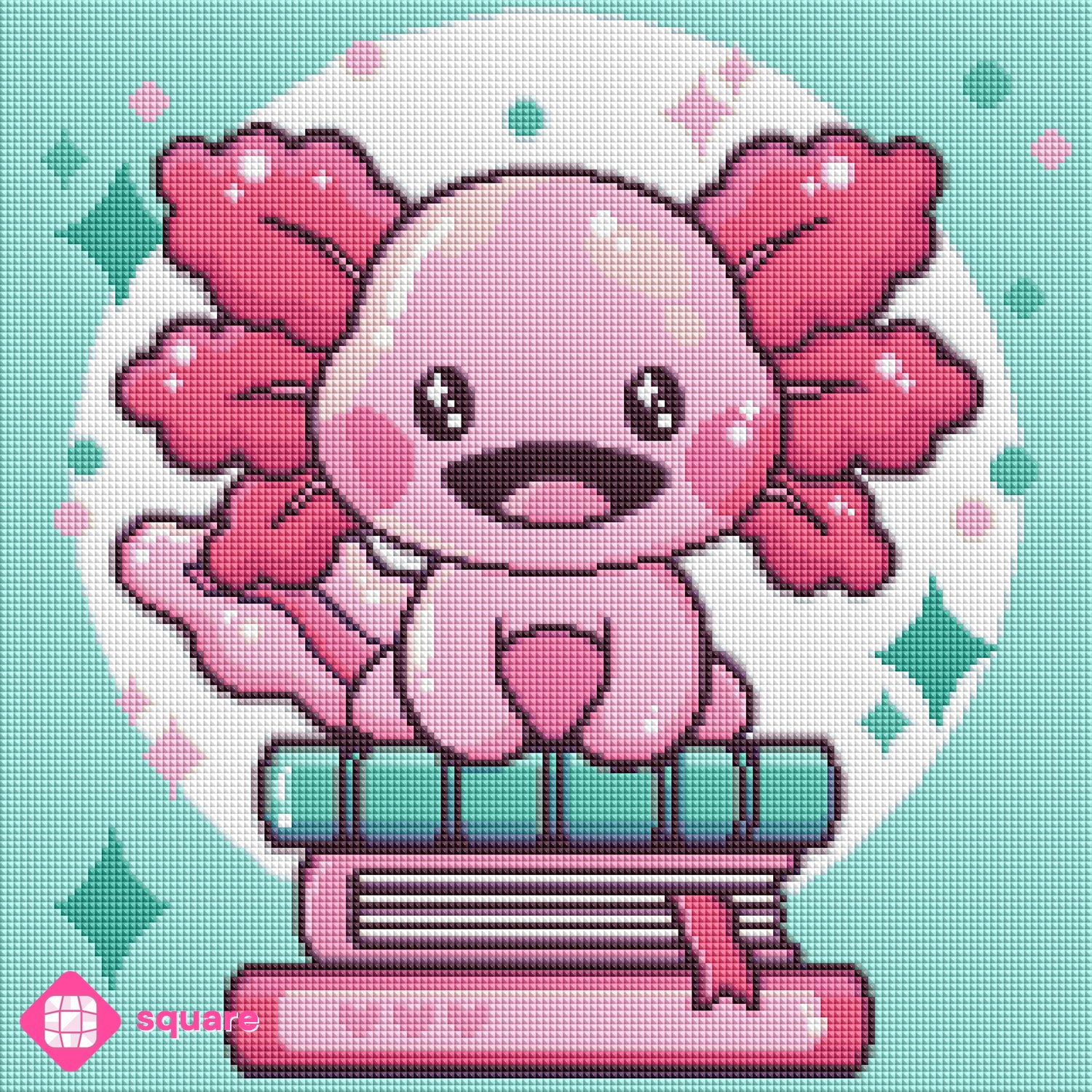 Diamond Painting Vorschau des rosa-pinken Kawaii-Axolotls mit großen strahlenden Augen auf einem Bücherstapel, in funkelnder Steinoptik als Render-Vorschau