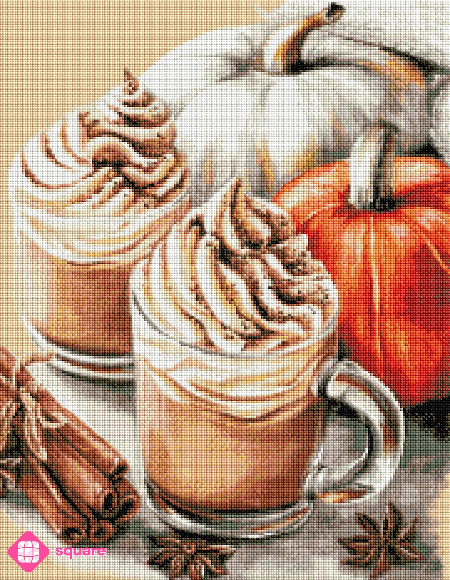 Diamond Painting Vorschau mit Kürbis, Kaffee Motiv und funkelnder Steinoptik