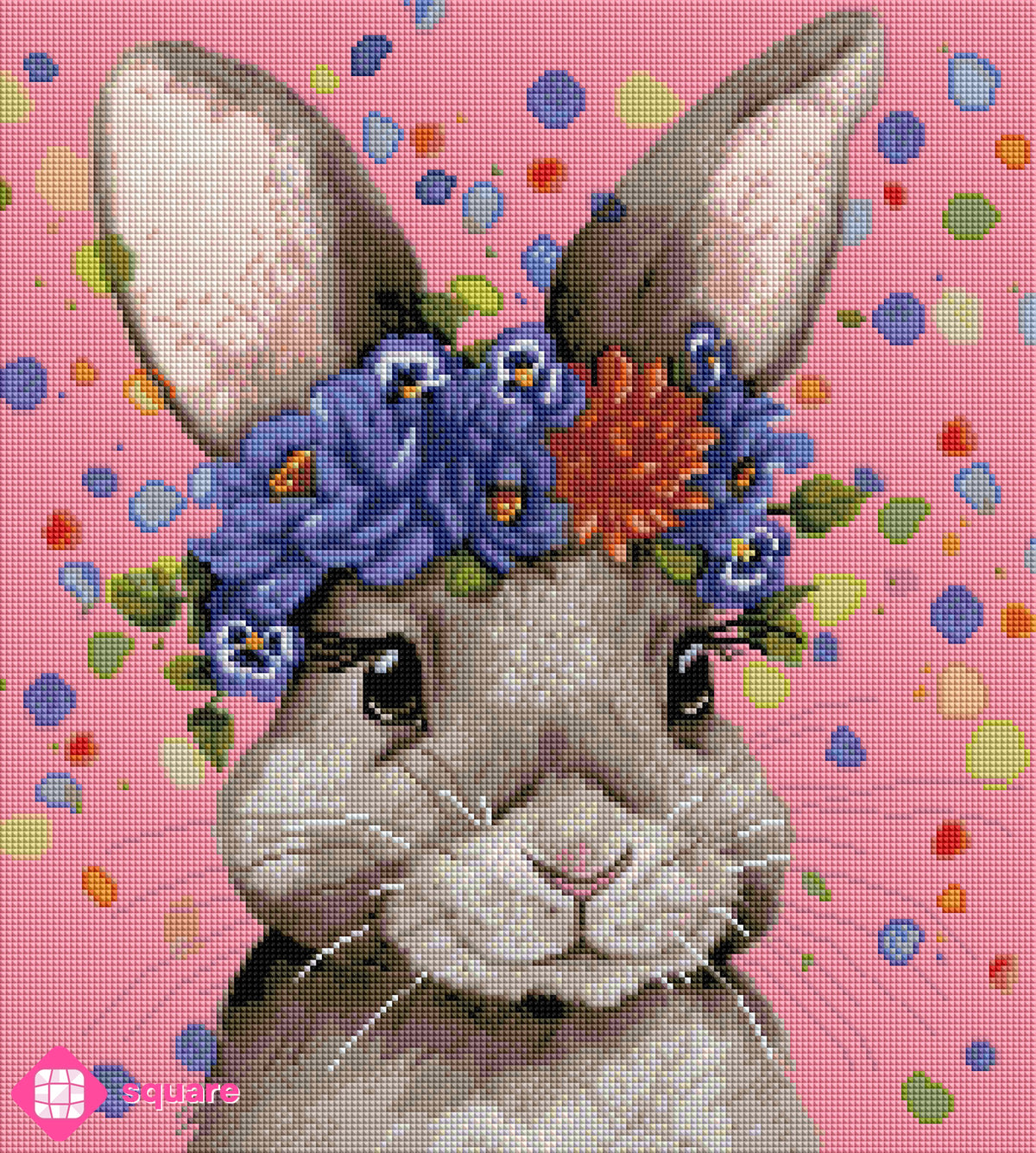 Diamond Painting Vorschau mit niedlichem Hasen und prachtvollem Blumenkranz aus tiefblauen und warmen Blüten vor einem rosa Hintergrund mit bunten Konfettipunkten  in funkelnder Steinoptik als Render-Vorschau