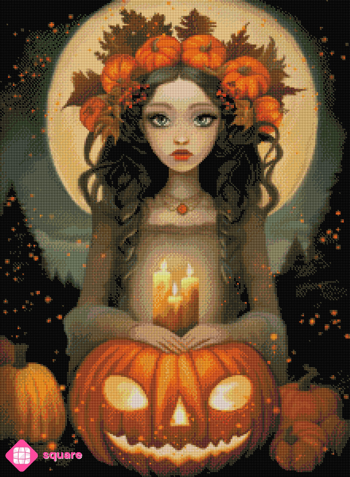 Diamond Painting Vorschau eines Fantasy Herbst Bildes mit Vollmond. Kürbissen in funkelnder Steinoptik als Render-Vorschau