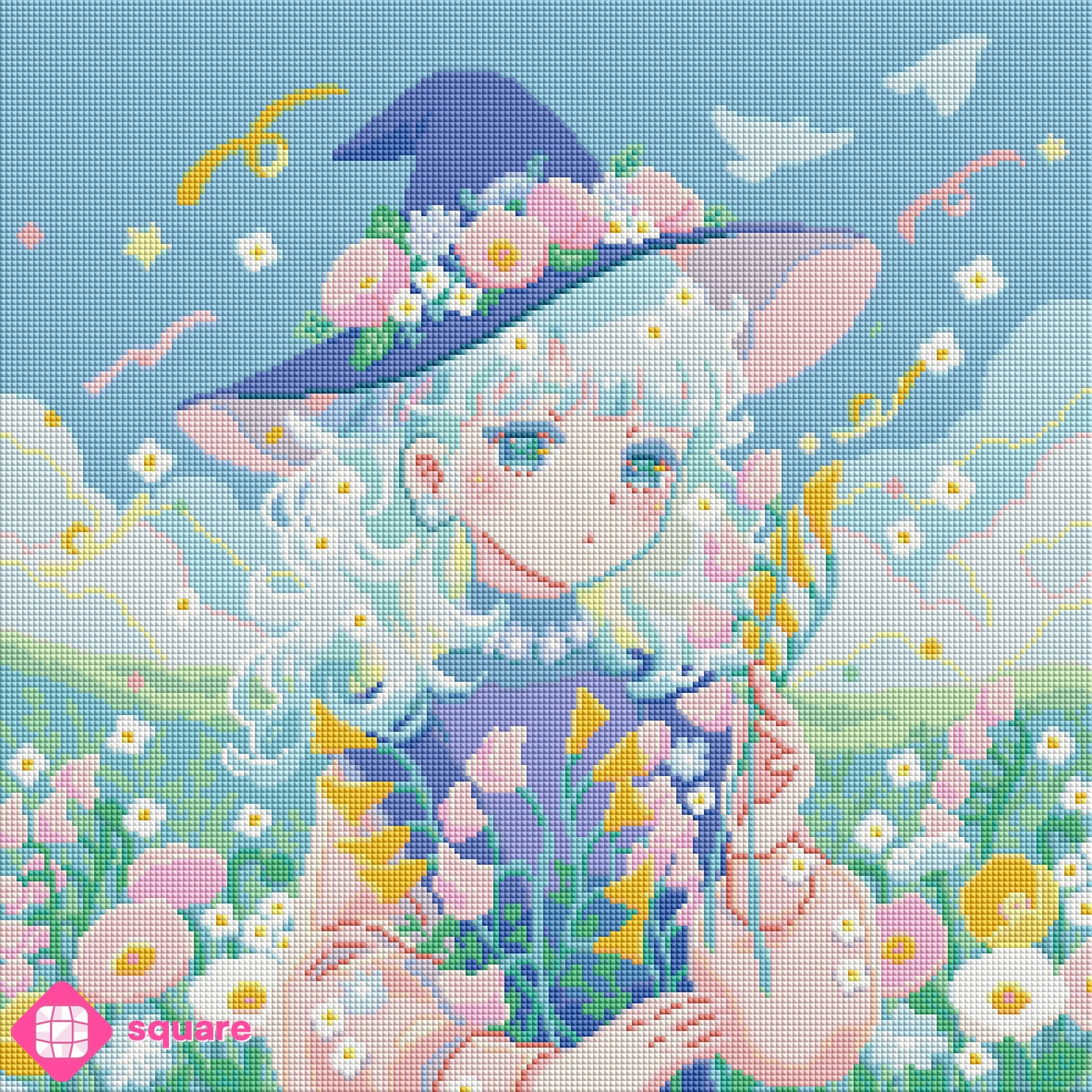 Diamond Painting Vorschau von Hiroko mit junger Hexe und blumengeschmücktem Spitzhut inmitten einer pastellfarbenen Blumenwiese, umgeben von blauem Himmel, weißen Wolken und schwebenden goldenen Bändern in funkelnder Steinoptik